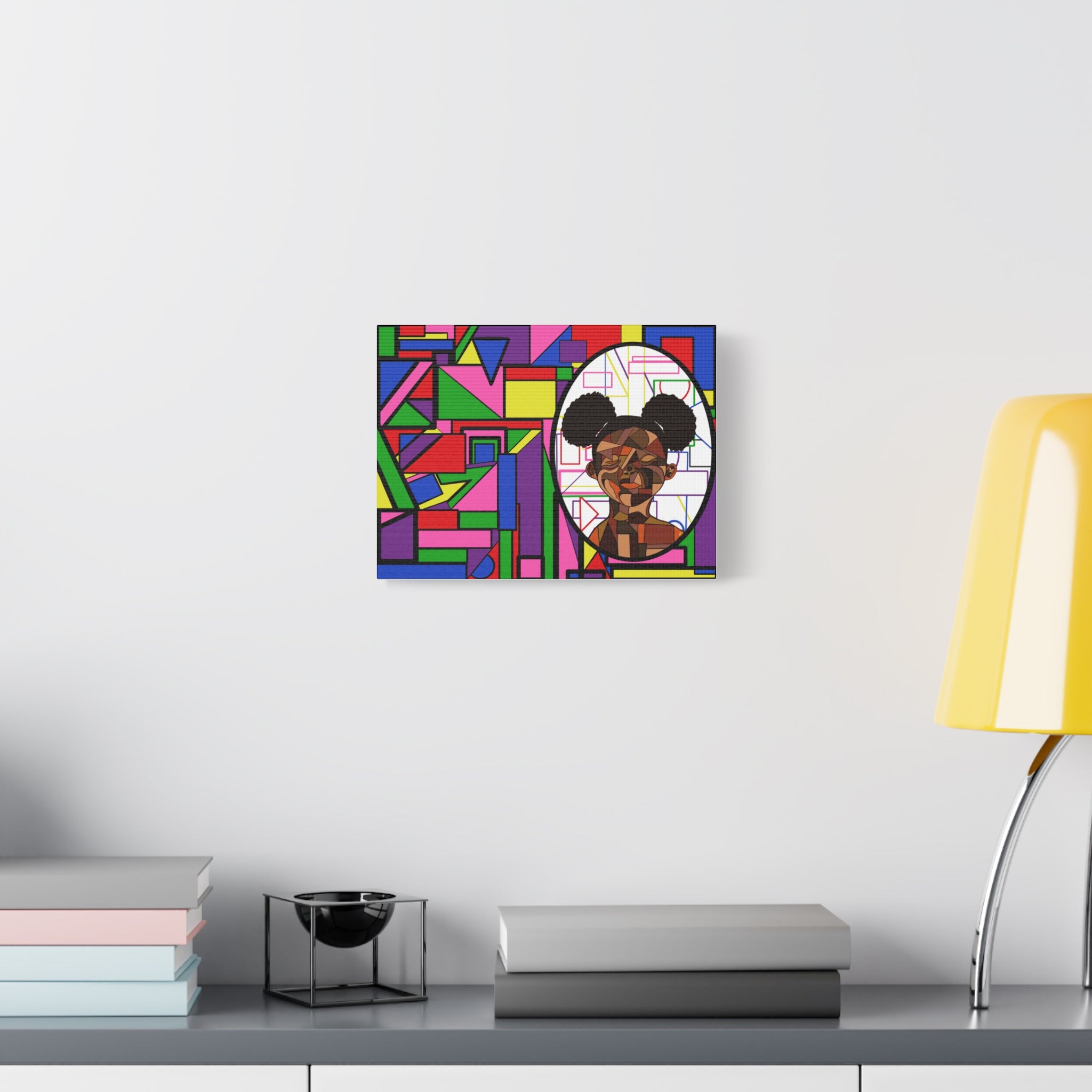 Abstract Geometric Portrait Canvas — Colorful Afro Puff Art on Matte Stretched Canvas