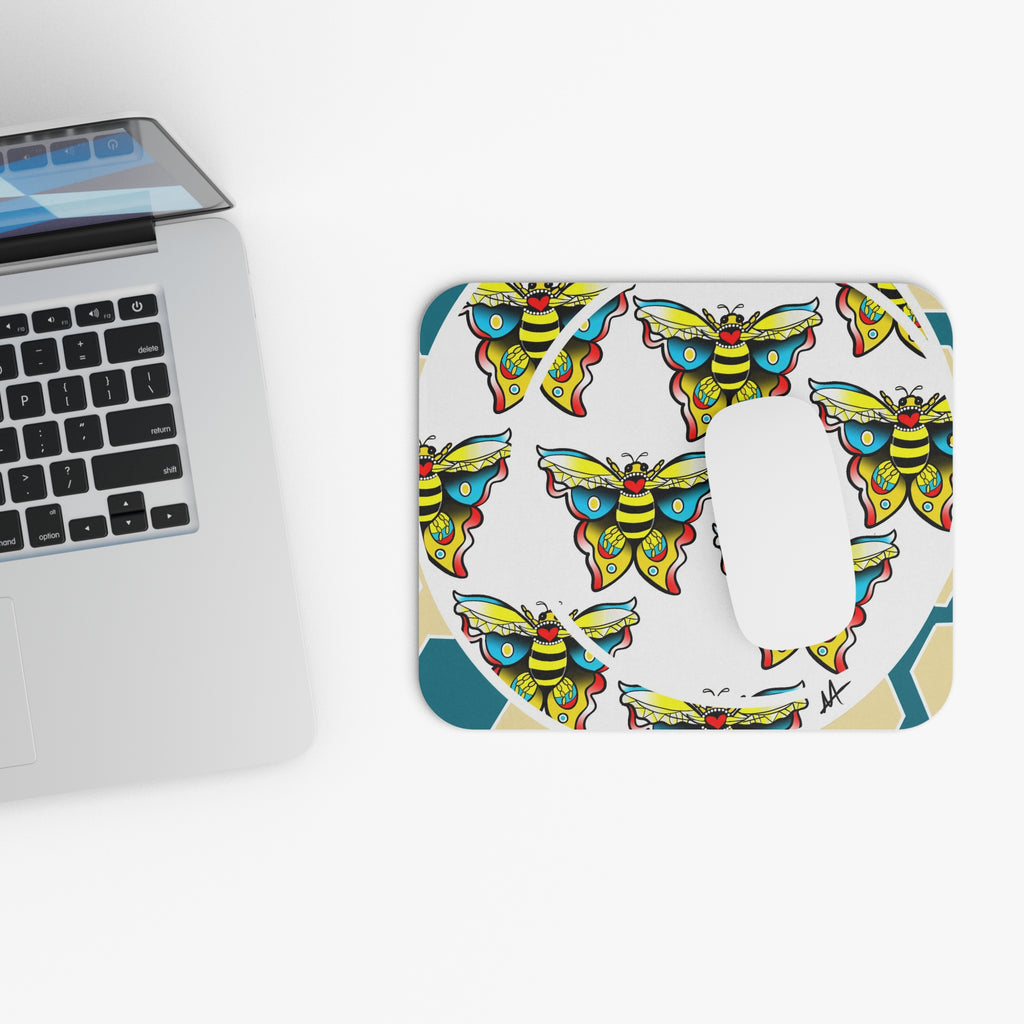 Bee Pattern Rectangle Mouse Pad — Colorful Retro Moth-Bee Desk Mat