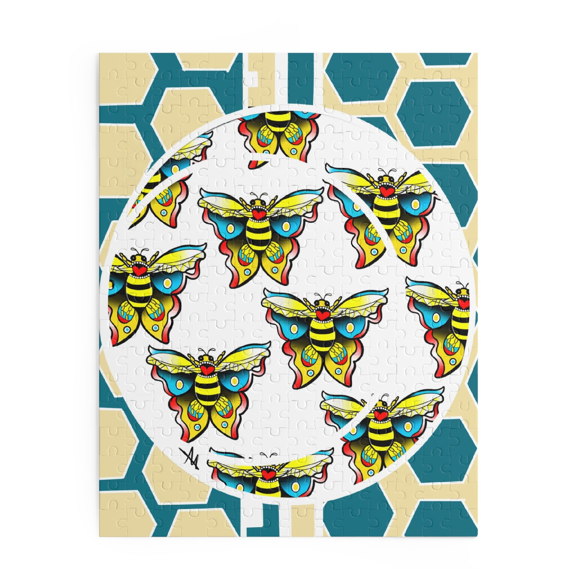 Bee & Hexagon Jigsaw Puzzle — Colorful Moth Pattern (120/252/500 pc)