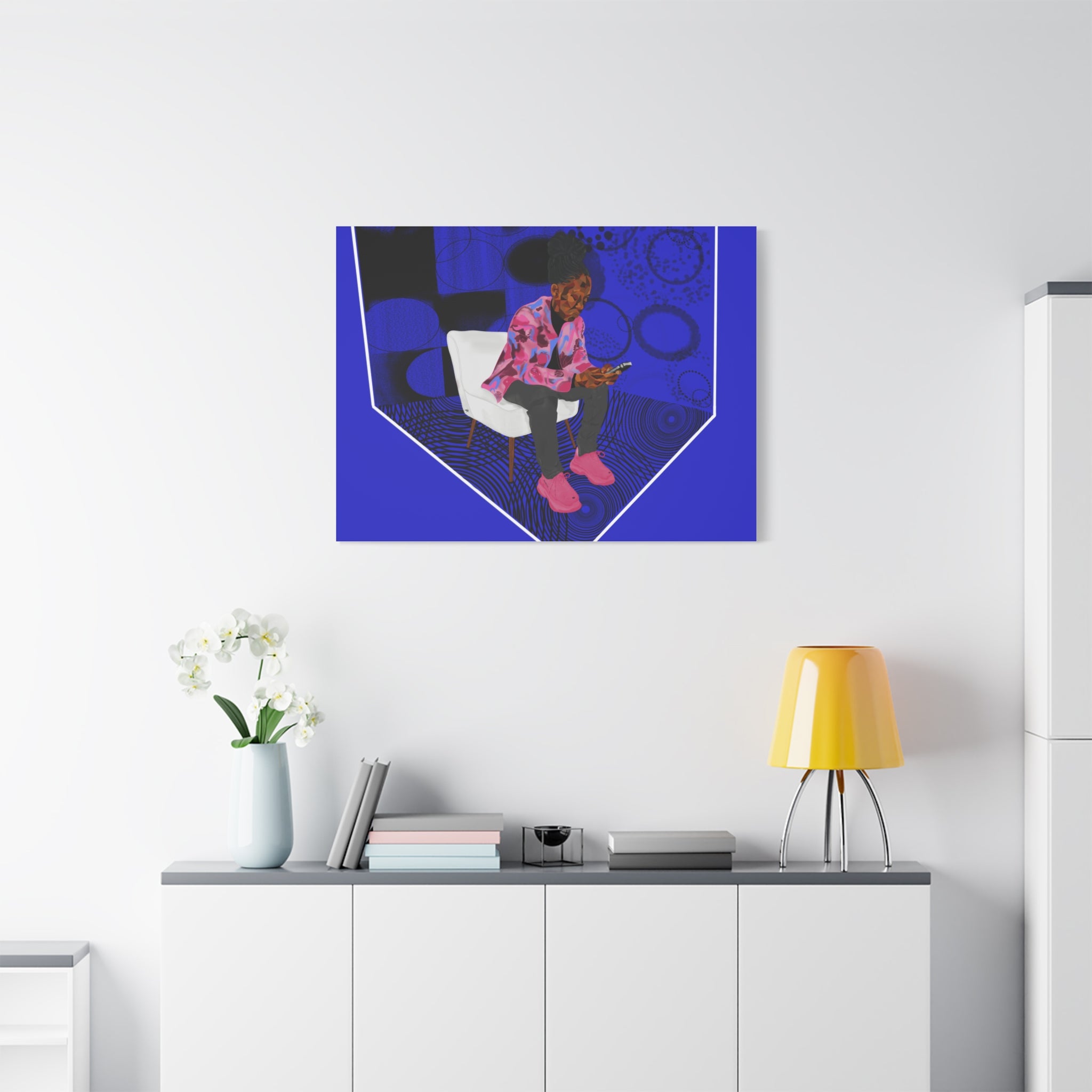 Contemporary Blue Portrait Canvas — Seated Girl with Phone Wall Art