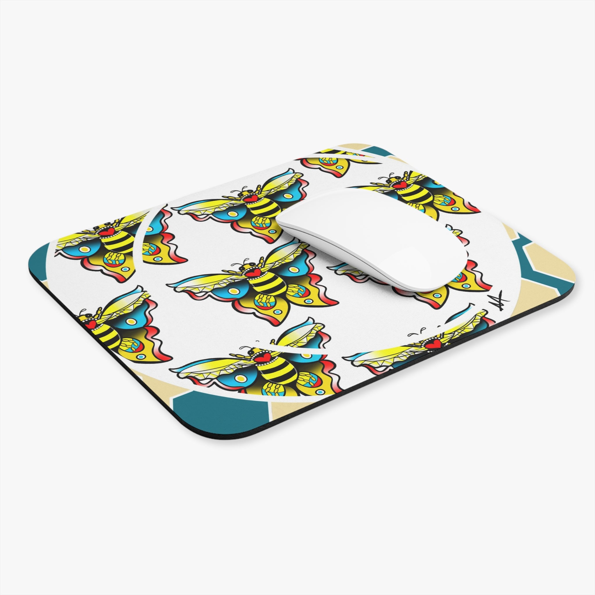 Bee Pattern Rectangle Mouse Pad — Colorful Retro Moth-Bee Desk Mat