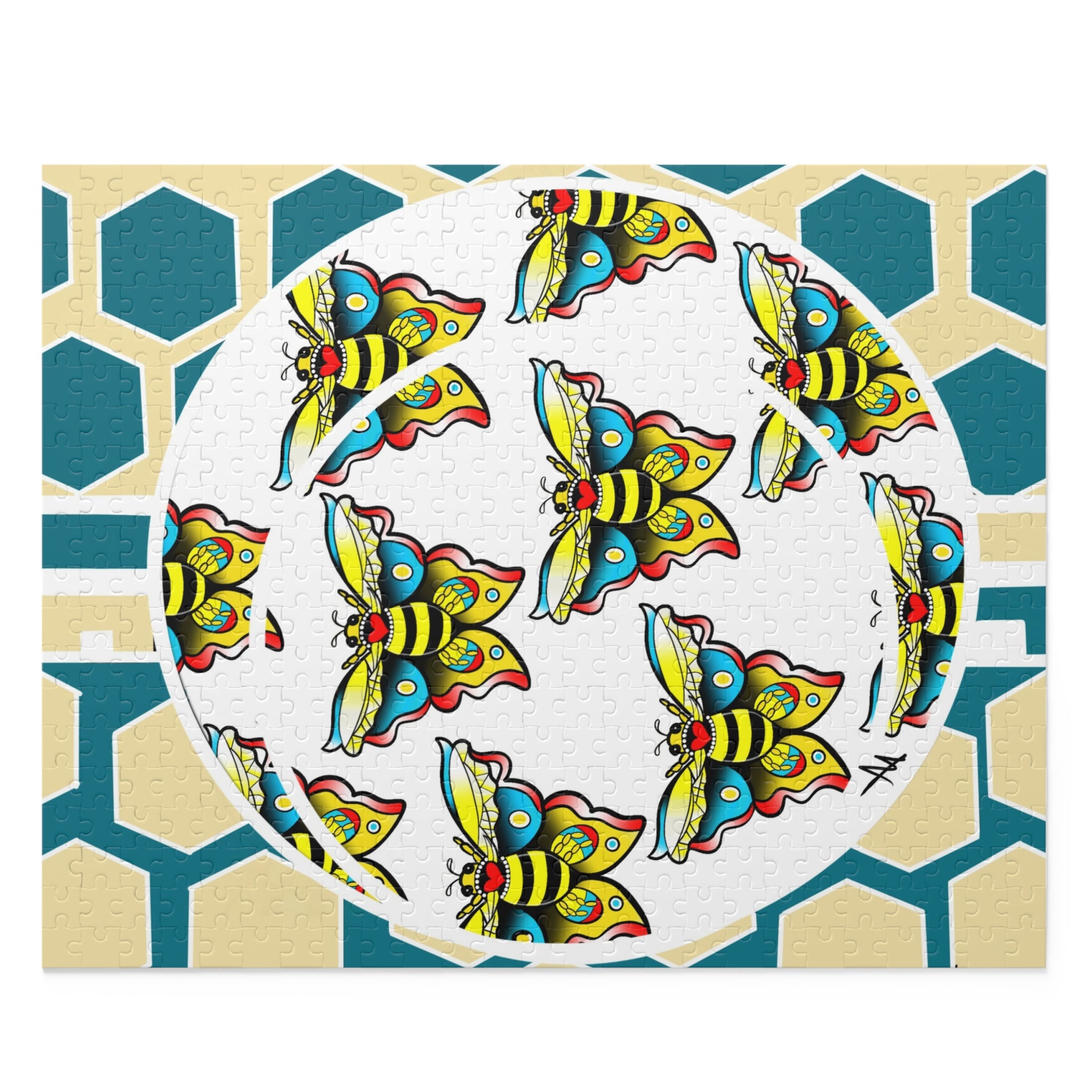 Bee & Hexagon Jigsaw Puzzle — Colorful Moth Pattern (120/252/500 pc)