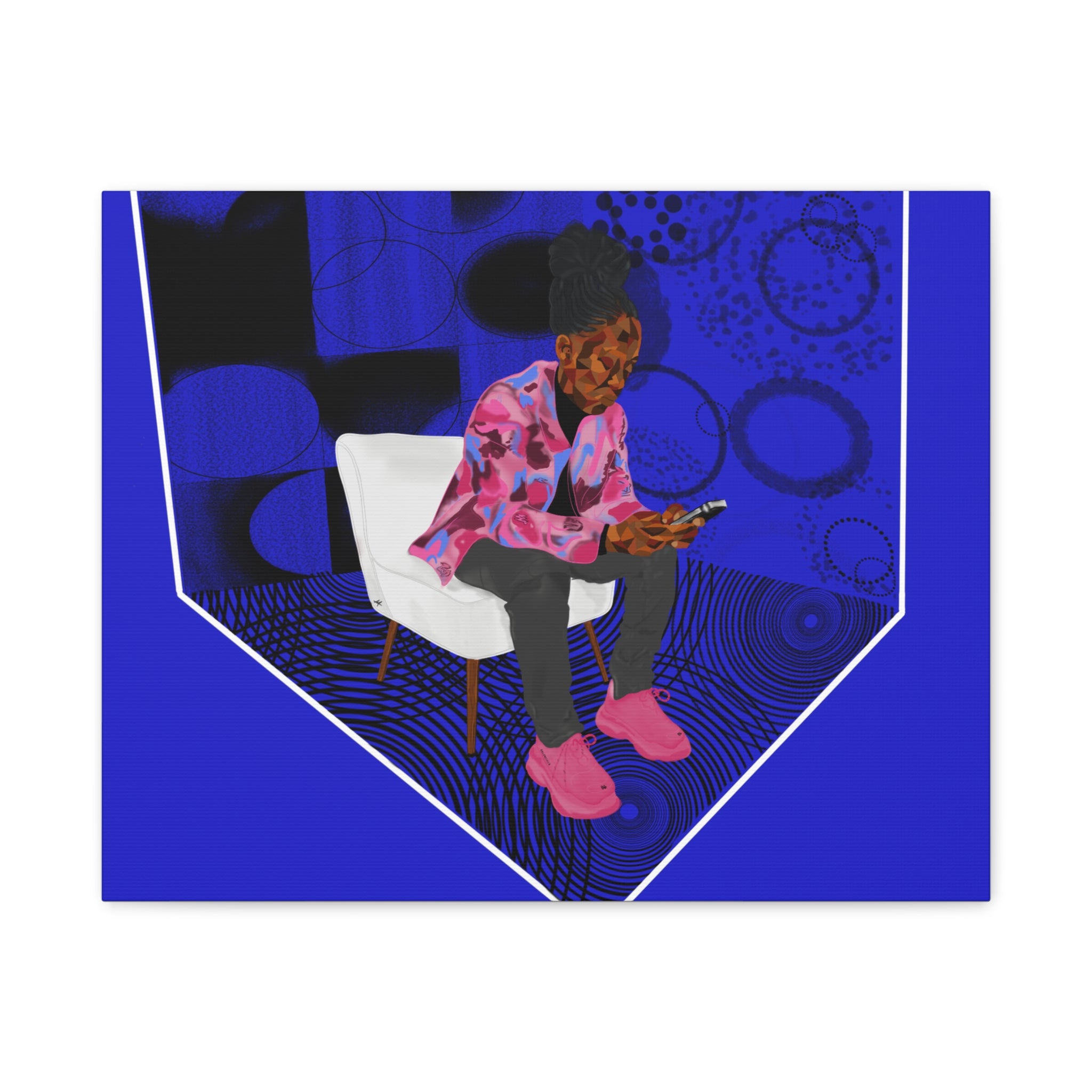 Contemporary Blue Portrait Canvas — Seated Girl with Phone Wall Art
