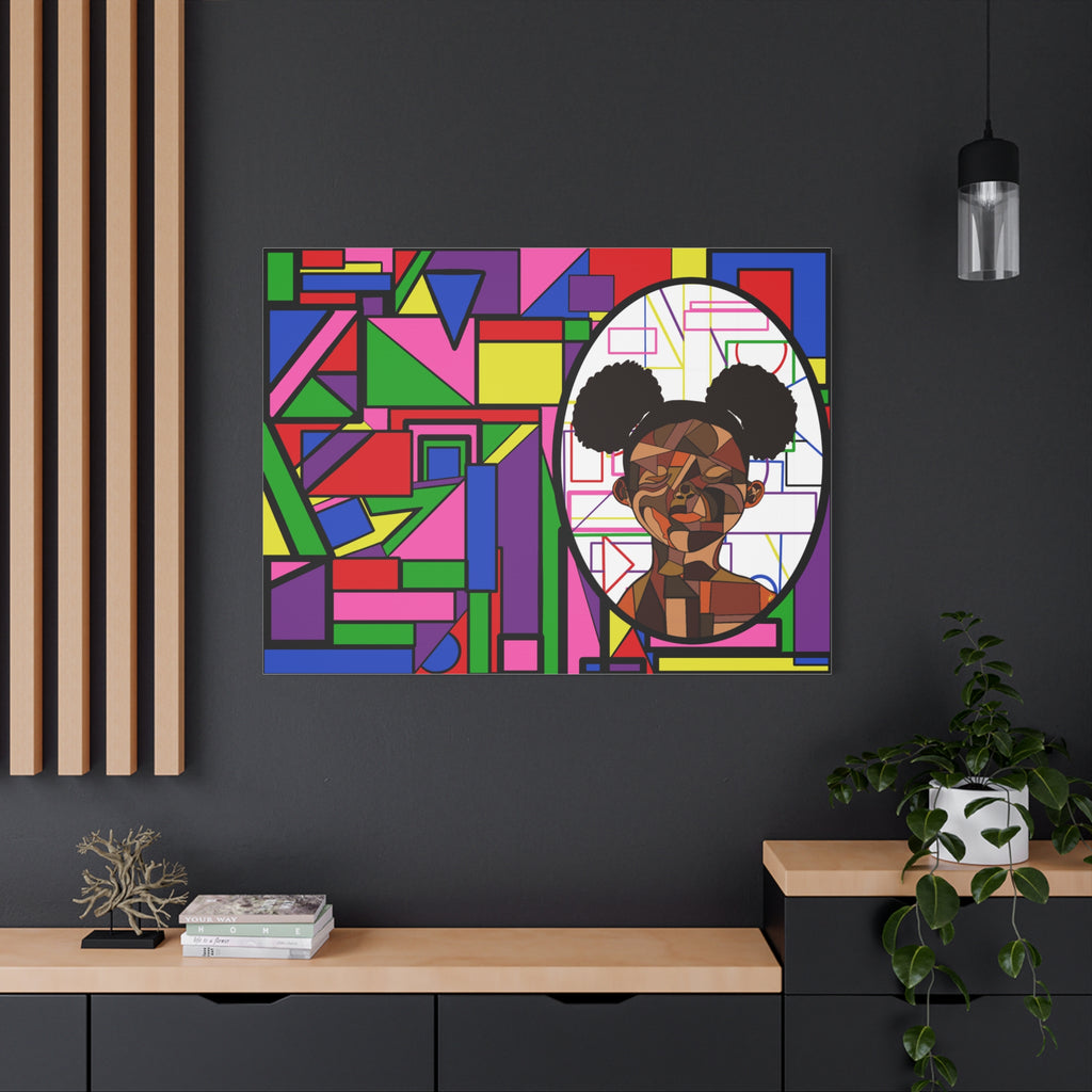 Abstract Geometric Portrait Canvas — Colorful Afro Puff Art on Matte Stretched Canvas