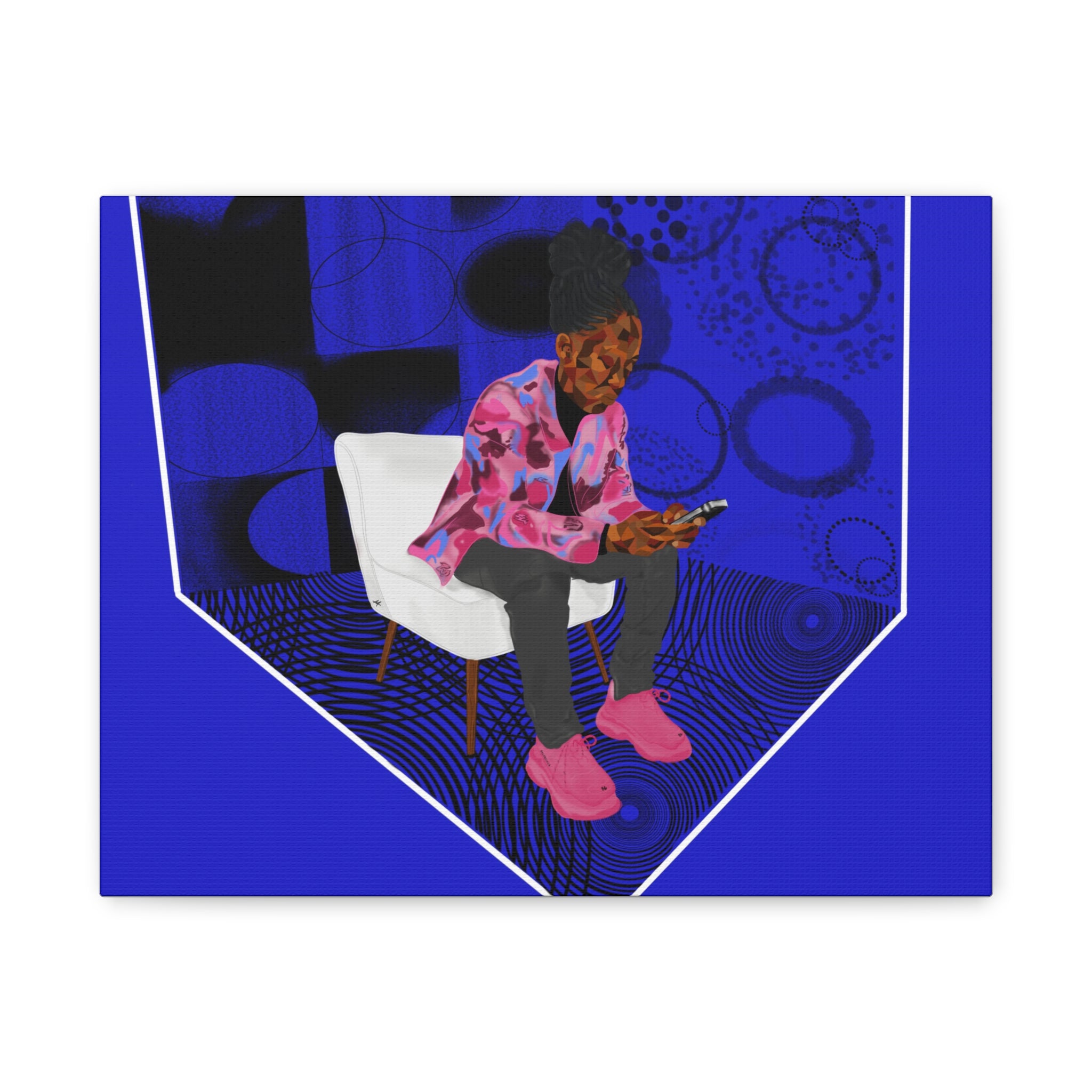 Contemporary Blue Portrait Canvas — Seated Girl with Phone Wall Art