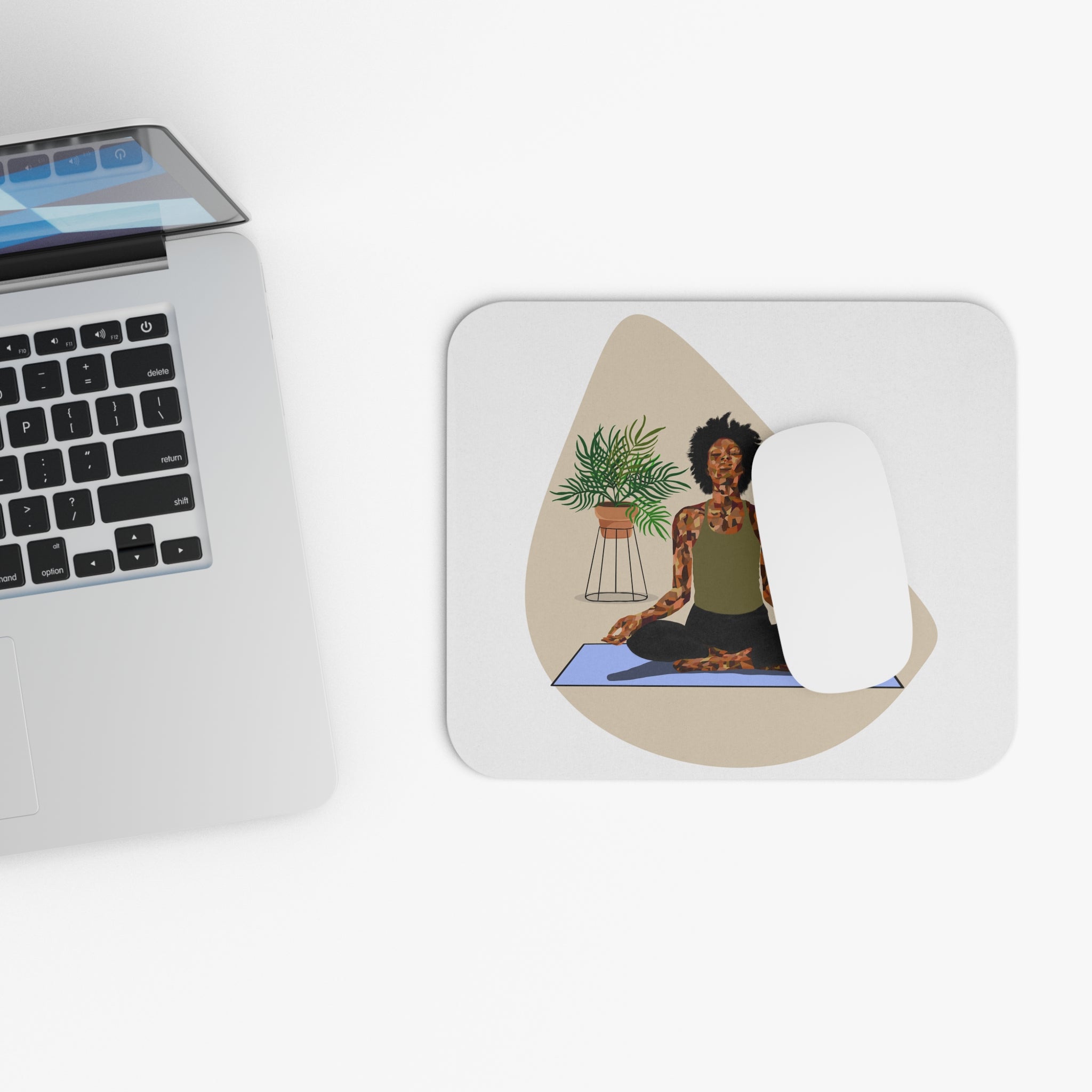 Meditation Mouse Pad — African American Woman Yoga Desk Mat with Plants