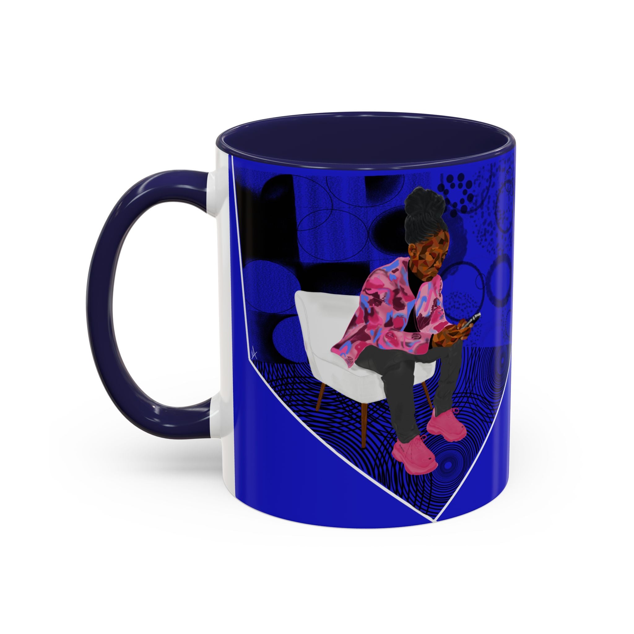 Blue Accent Coffee Mug — Cozy 'Checking My Phone' Afrocentric Illustration (11/15oz)