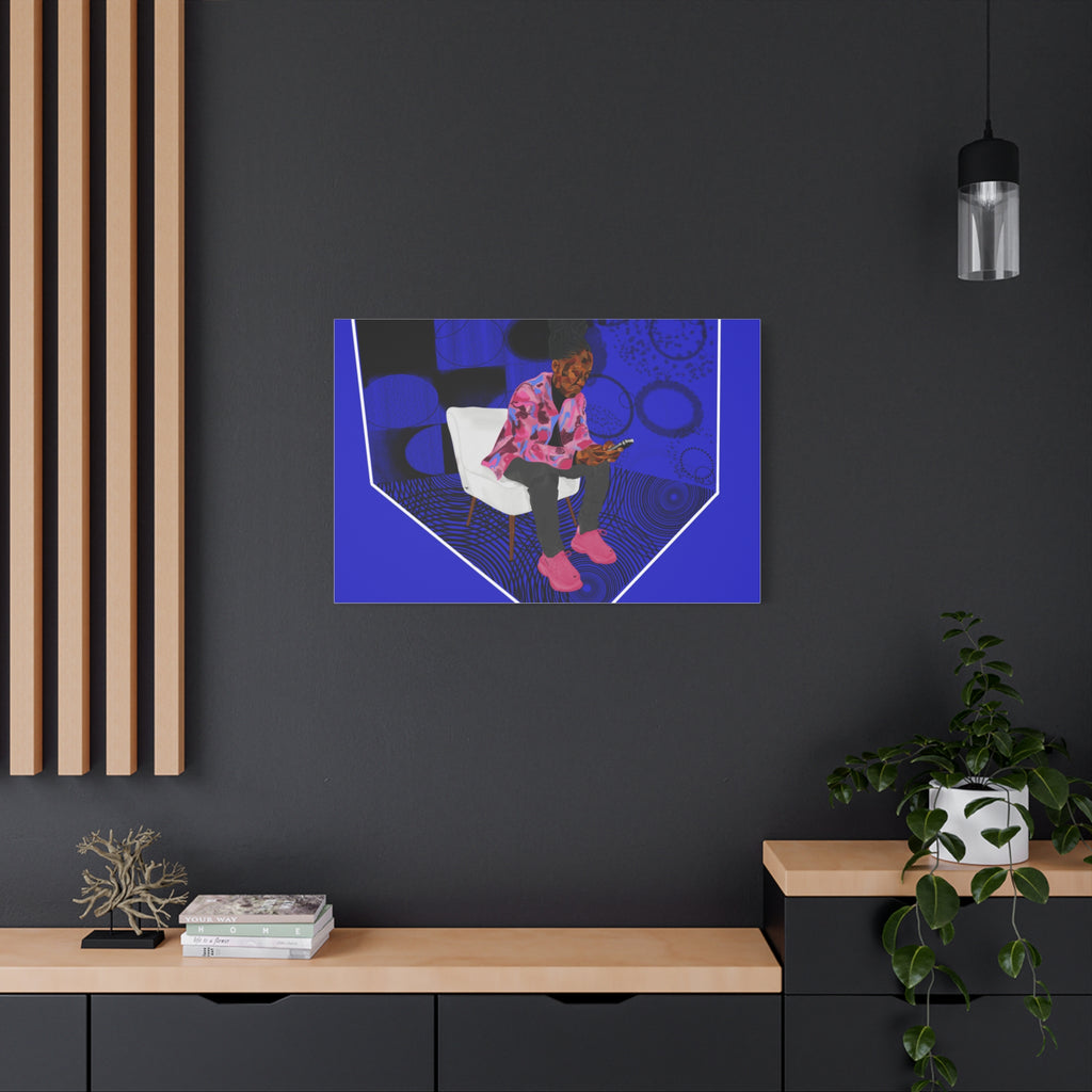 Contemporary Blue Portrait Canvas — Seated Girl with Phone Wall Art