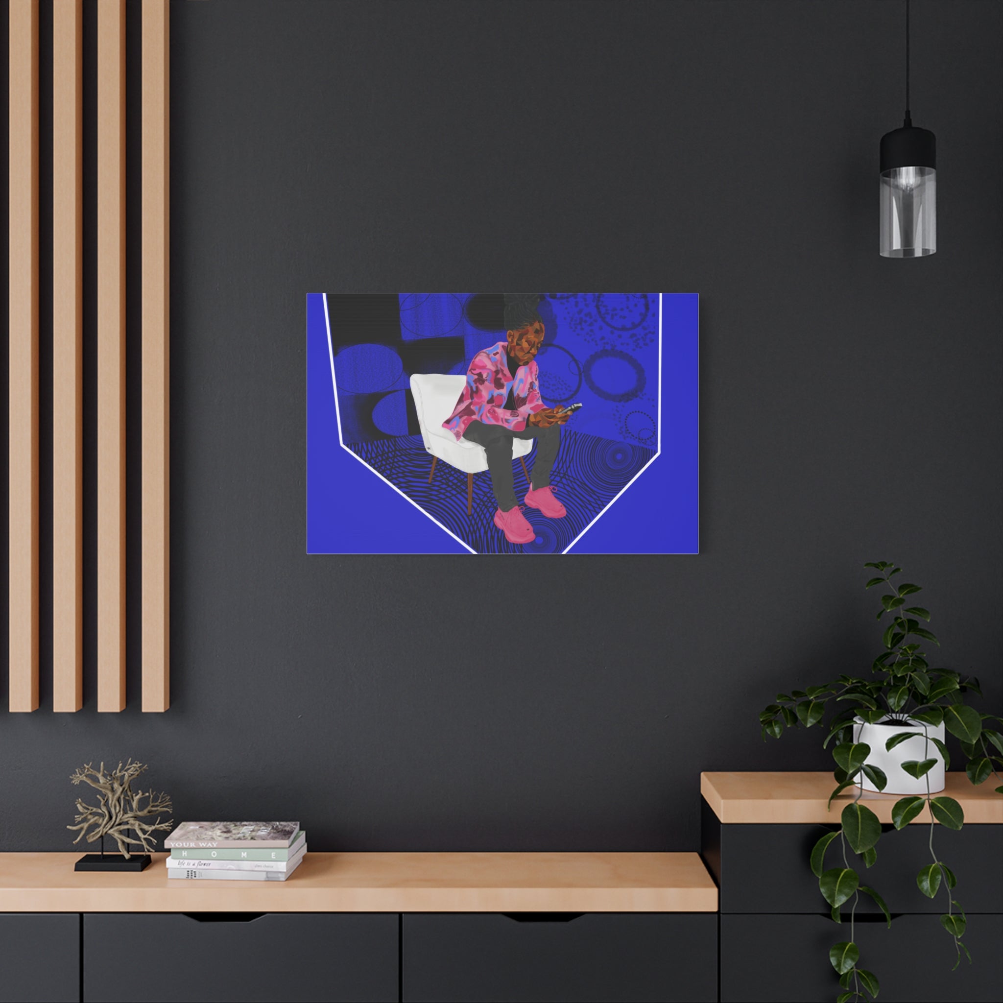 Contemporary Blue Portrait Canvas — Seated Girl with Phone Wall Art