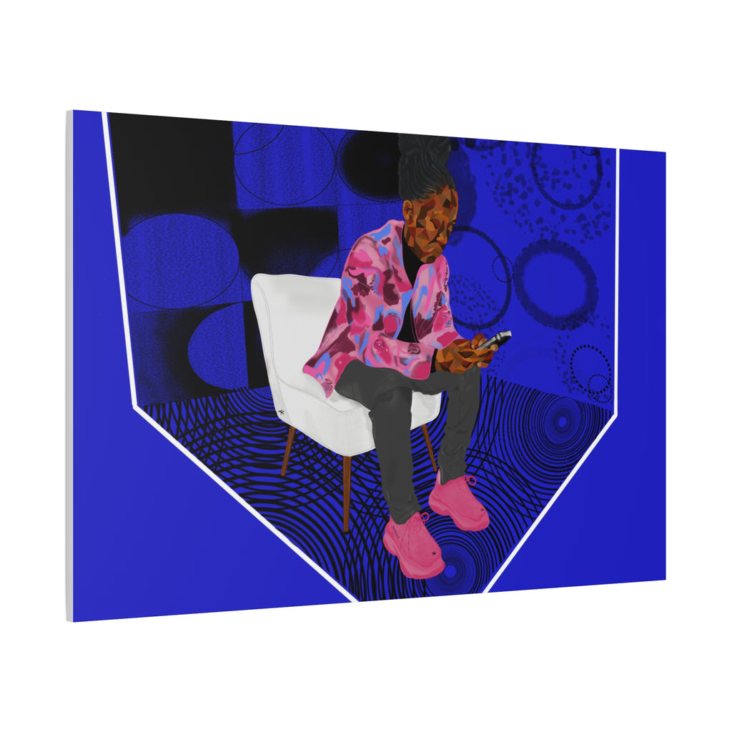 Contemporary Blue Portrait Canvas — Seated Girl with Phone Wall Art