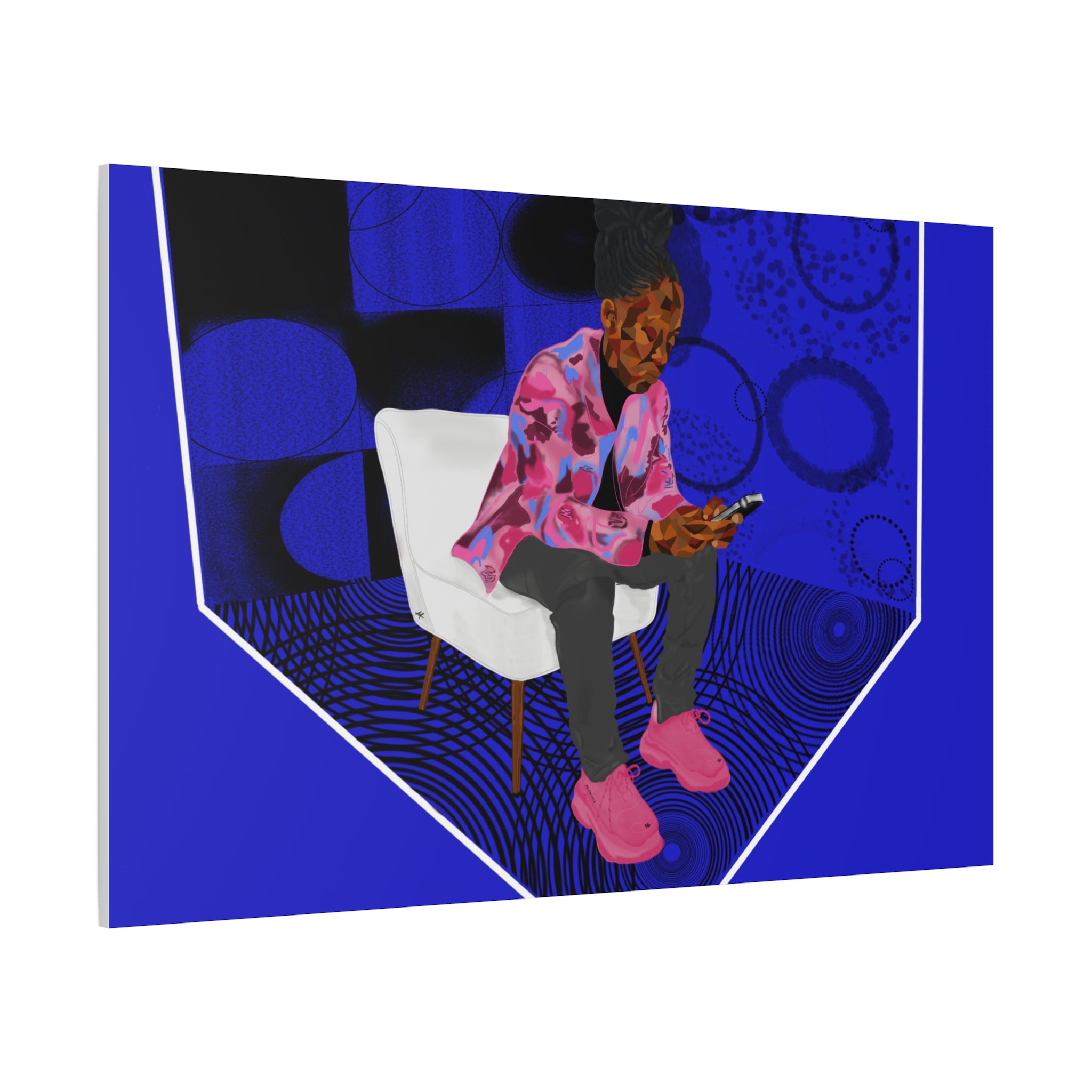 Contemporary Blue Portrait Canvas — Seated Girl with Phone Wall Art