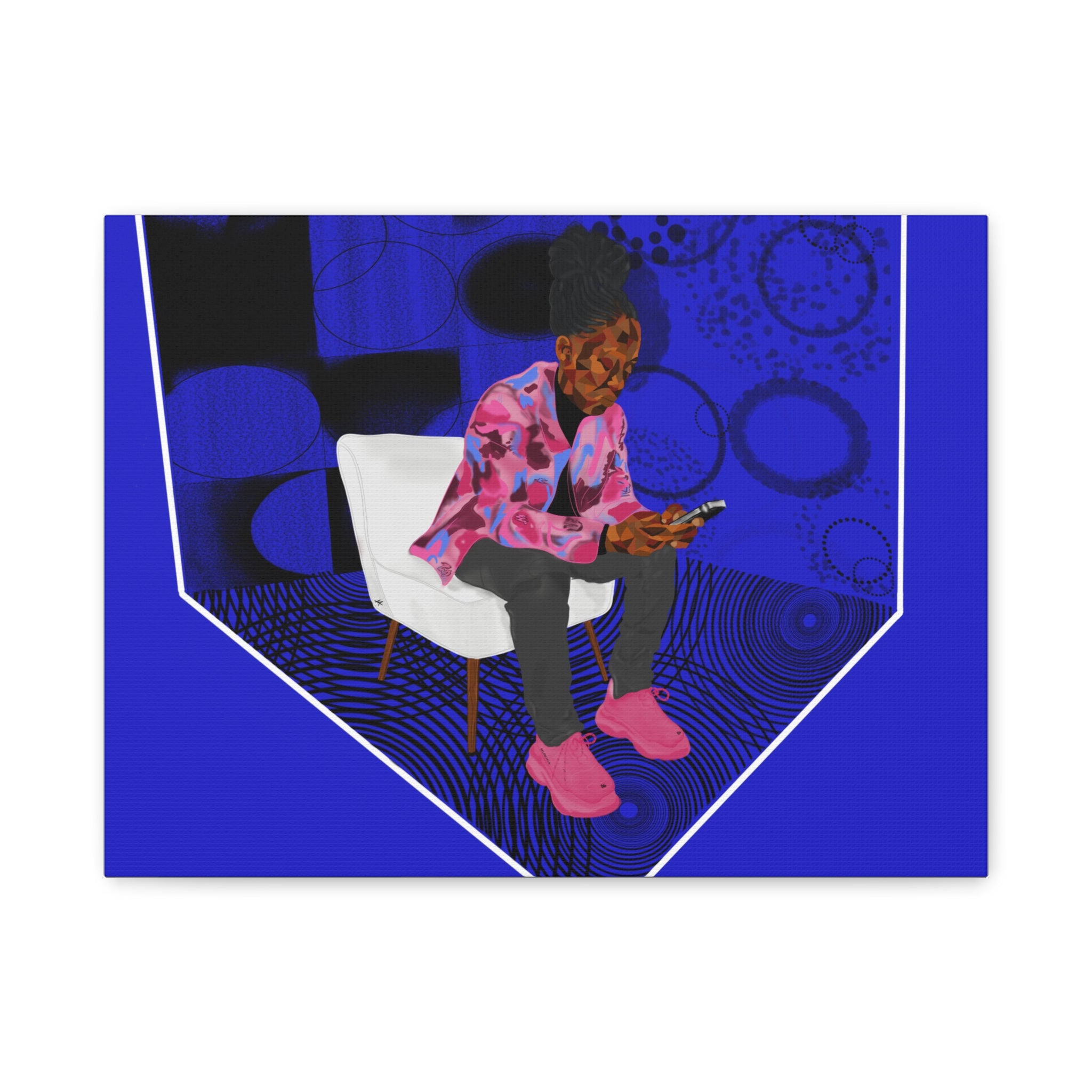 Contemporary Blue Portrait Canvas — Seated Girl with Phone Wall Art