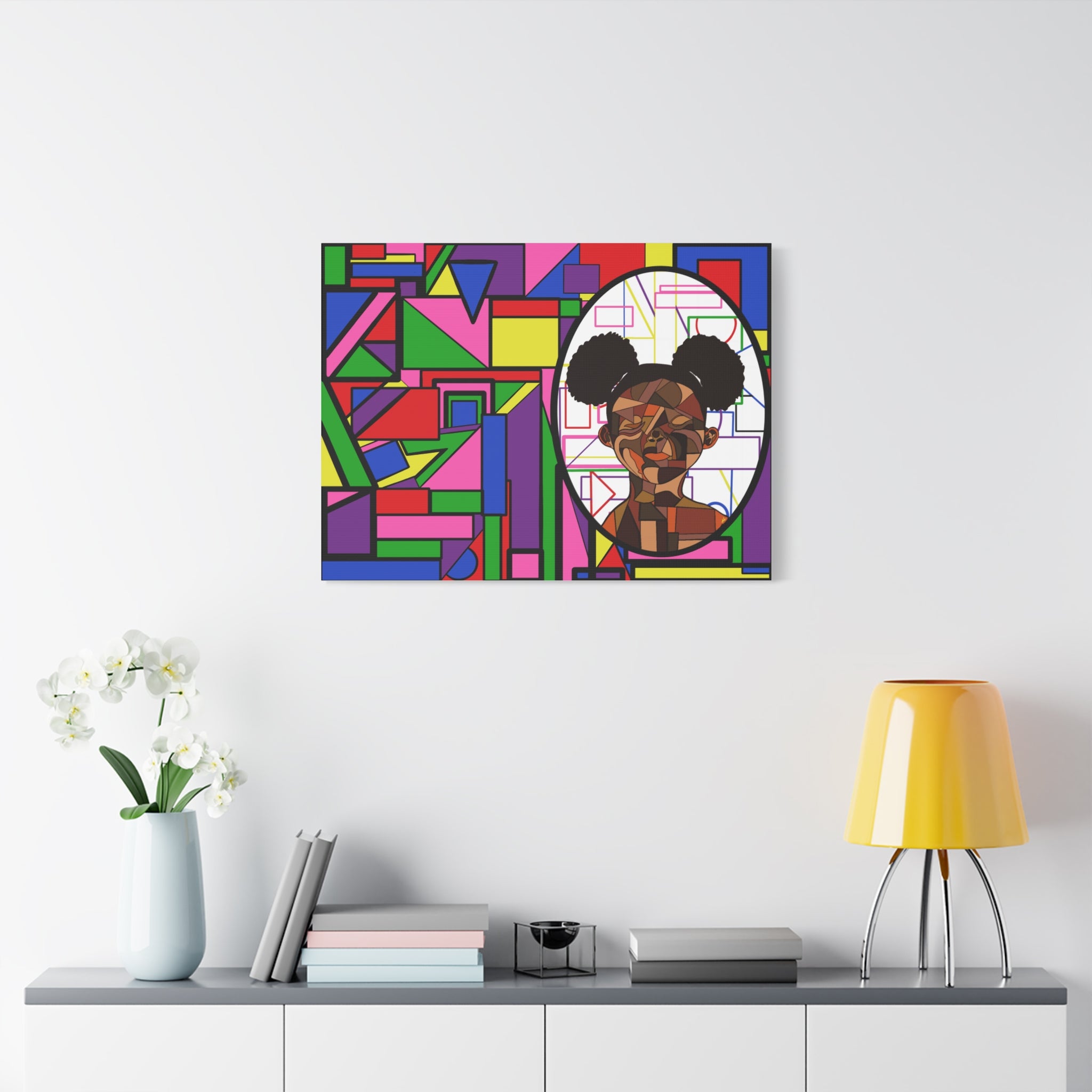 Abstract Geometric Portrait Canvas — Colorful Afro Puff Art on Matte Stretched Canvas
