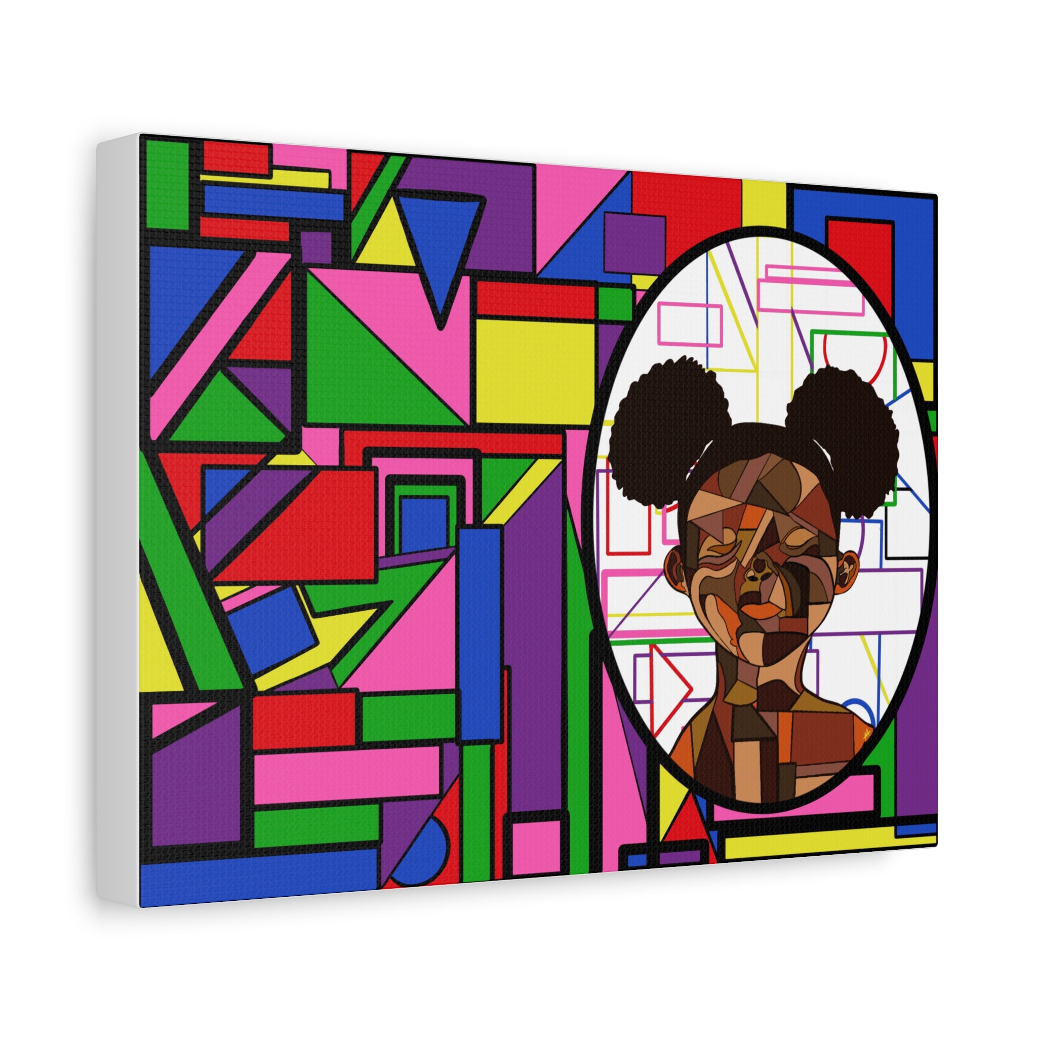 Abstract Geometric Portrait Canvas — Colorful Afro Puff Art on Matte Stretched Canvas