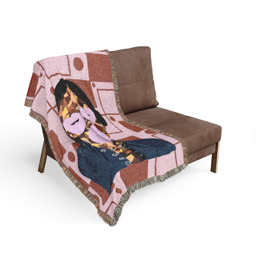 Retro Geometric Portrait Woven Blanket — Vintage Pop Art Tapestry Throw