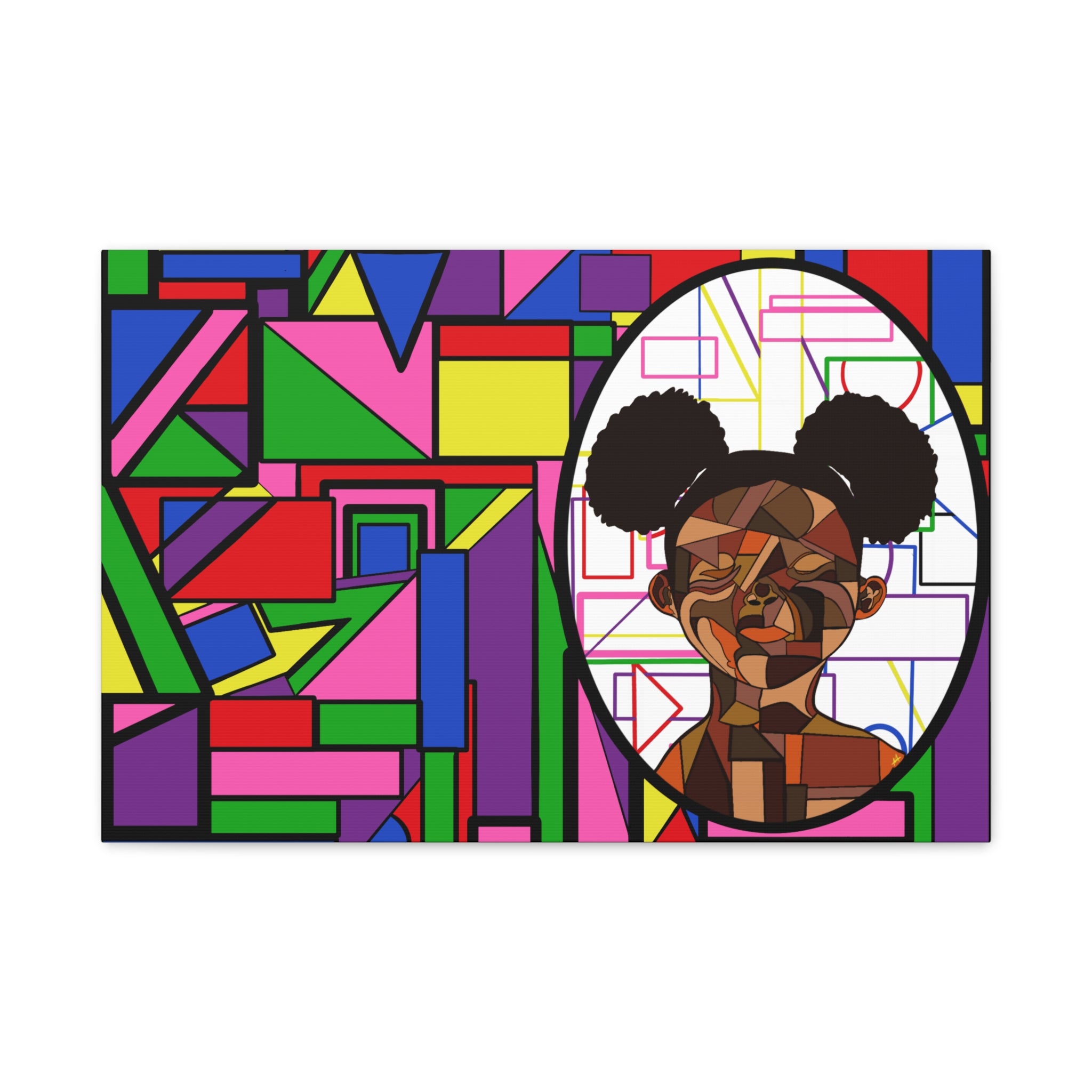 Abstract Geometric Portrait Canvas — Colorful Afro Puff Art on Matte Stretched Canvas