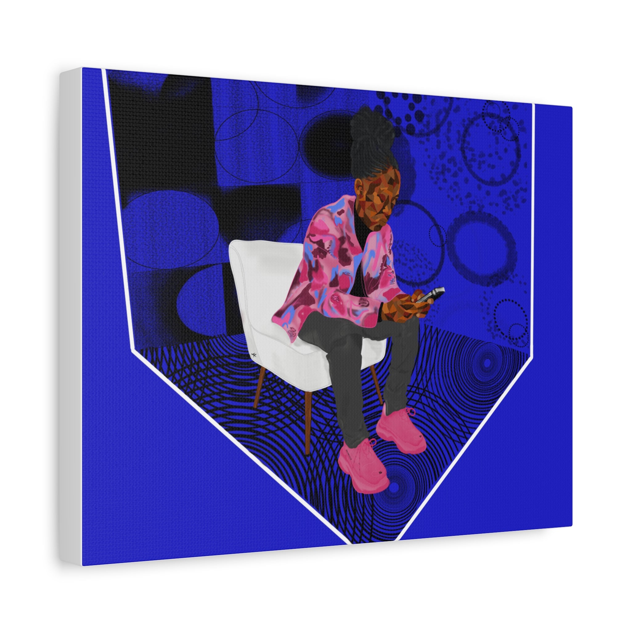 Contemporary Blue Portrait Canvas — Seated Girl with Phone Wall Art
