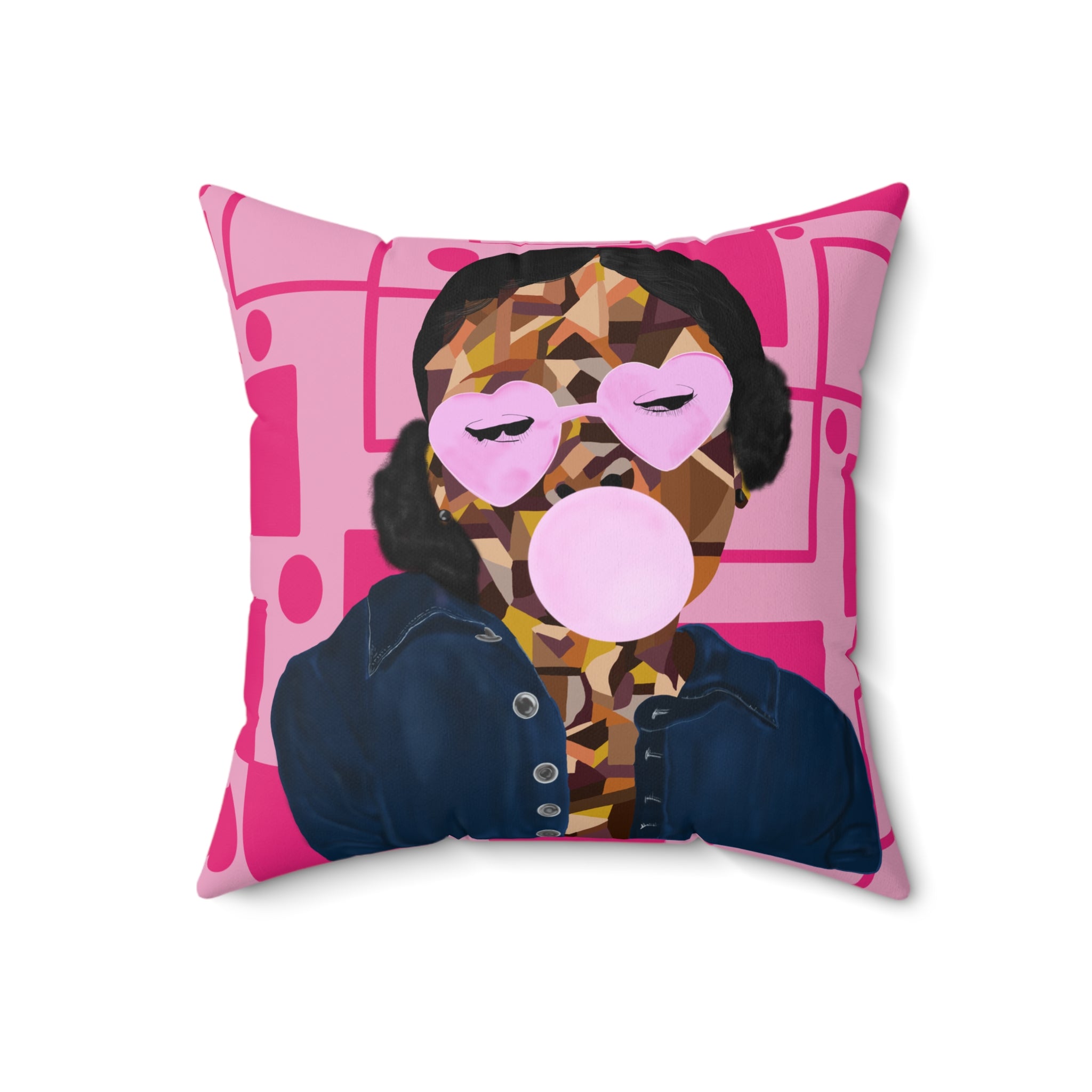 Pink Bubblegum Pop Art Pillow — Modern Geometric Portrait Throw Pillow