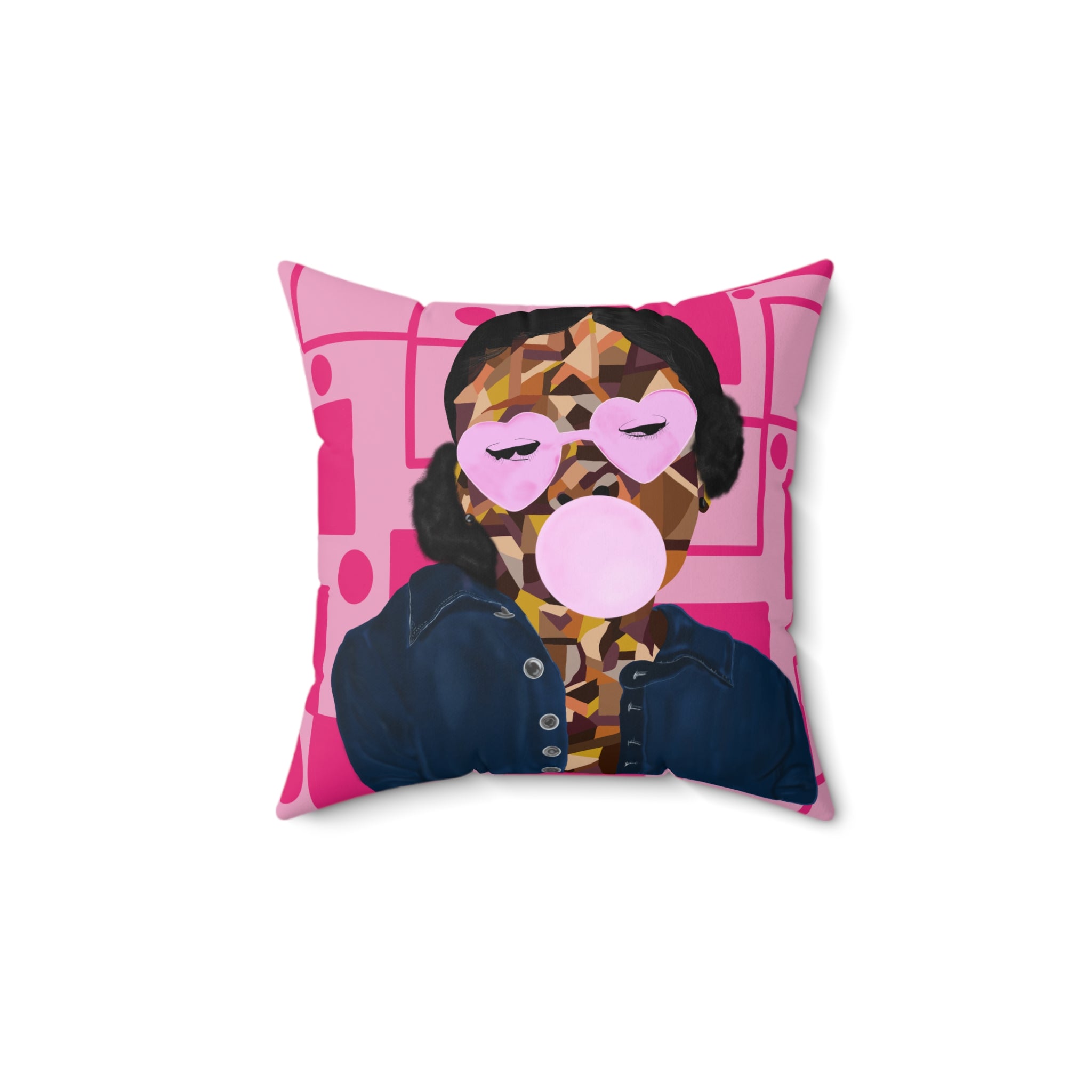 Pink Bubblegum Pop Art Pillow — Modern Geometric Portrait Throw Pillow