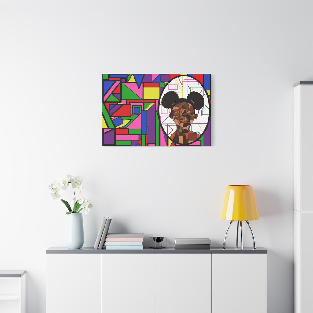 Abstract Geometric Portrait Canvas — Colorful Afro Puff Art on Matte Stretched Canvas