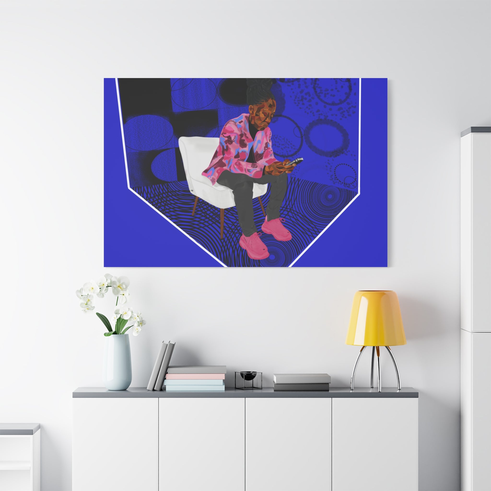 Contemporary Blue Portrait Canvas — Seated Girl with Phone Wall Art
