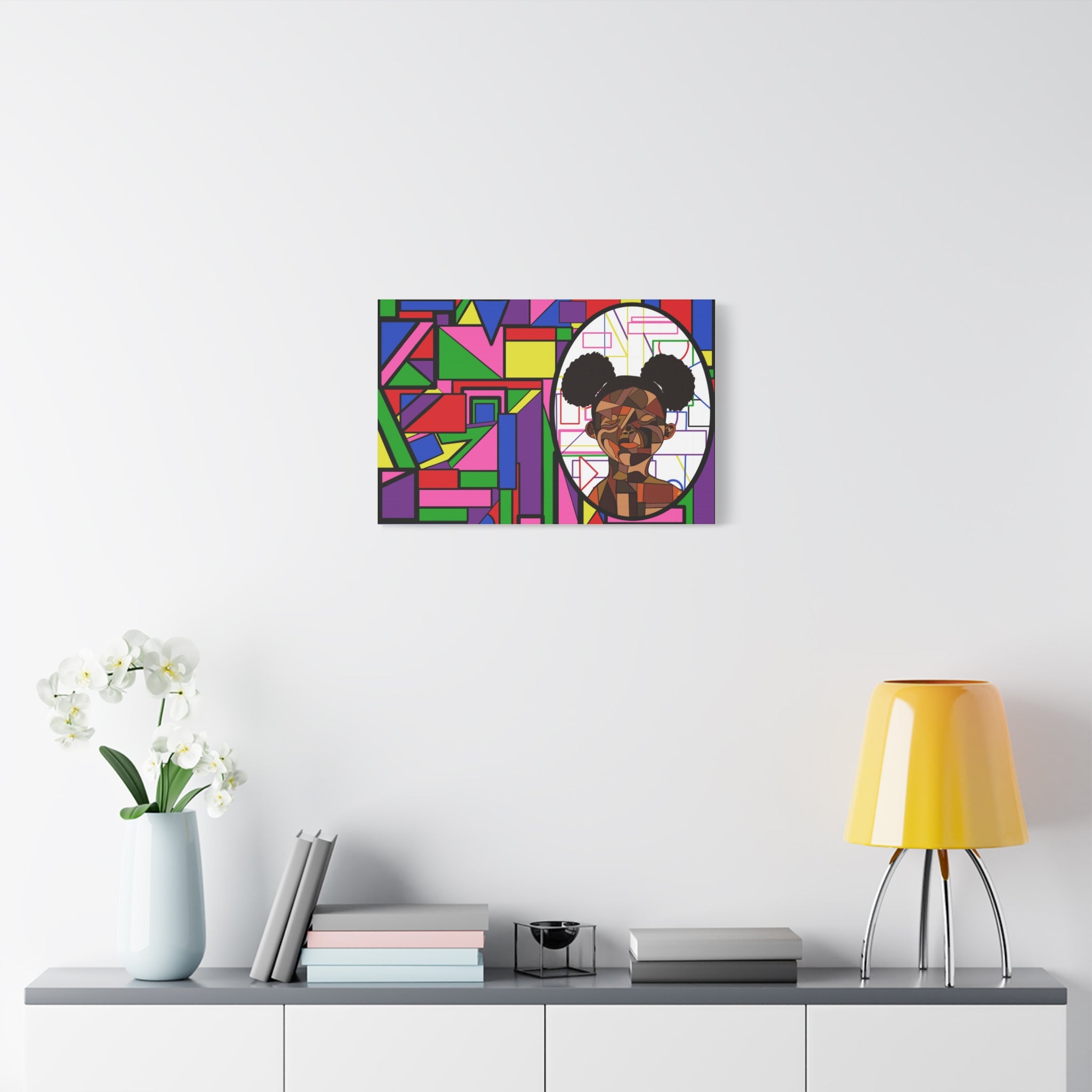 Abstract Geometric Portrait Canvas — Colorful Afro Puff Art on Matte Stretched Canvas