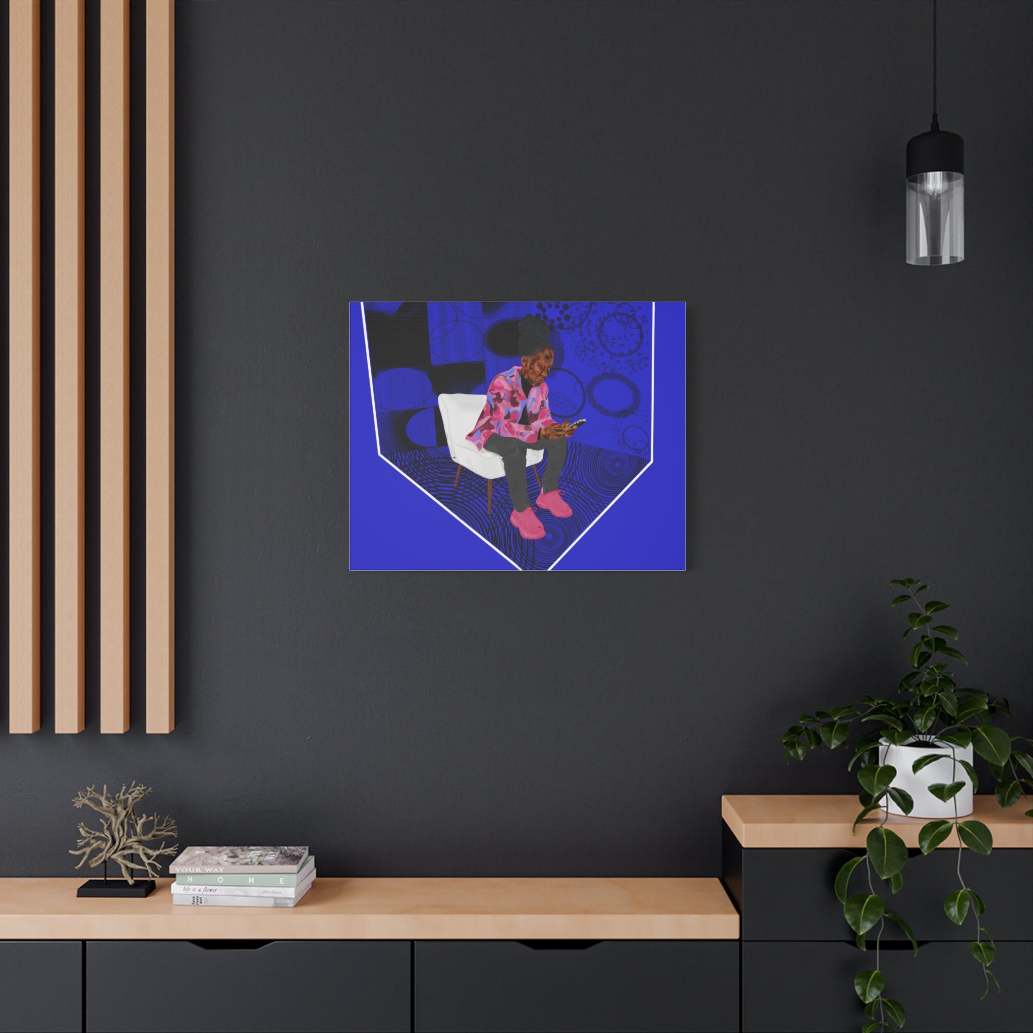 Contemporary Blue Portrait Canvas — Seated Girl with Phone Wall Art