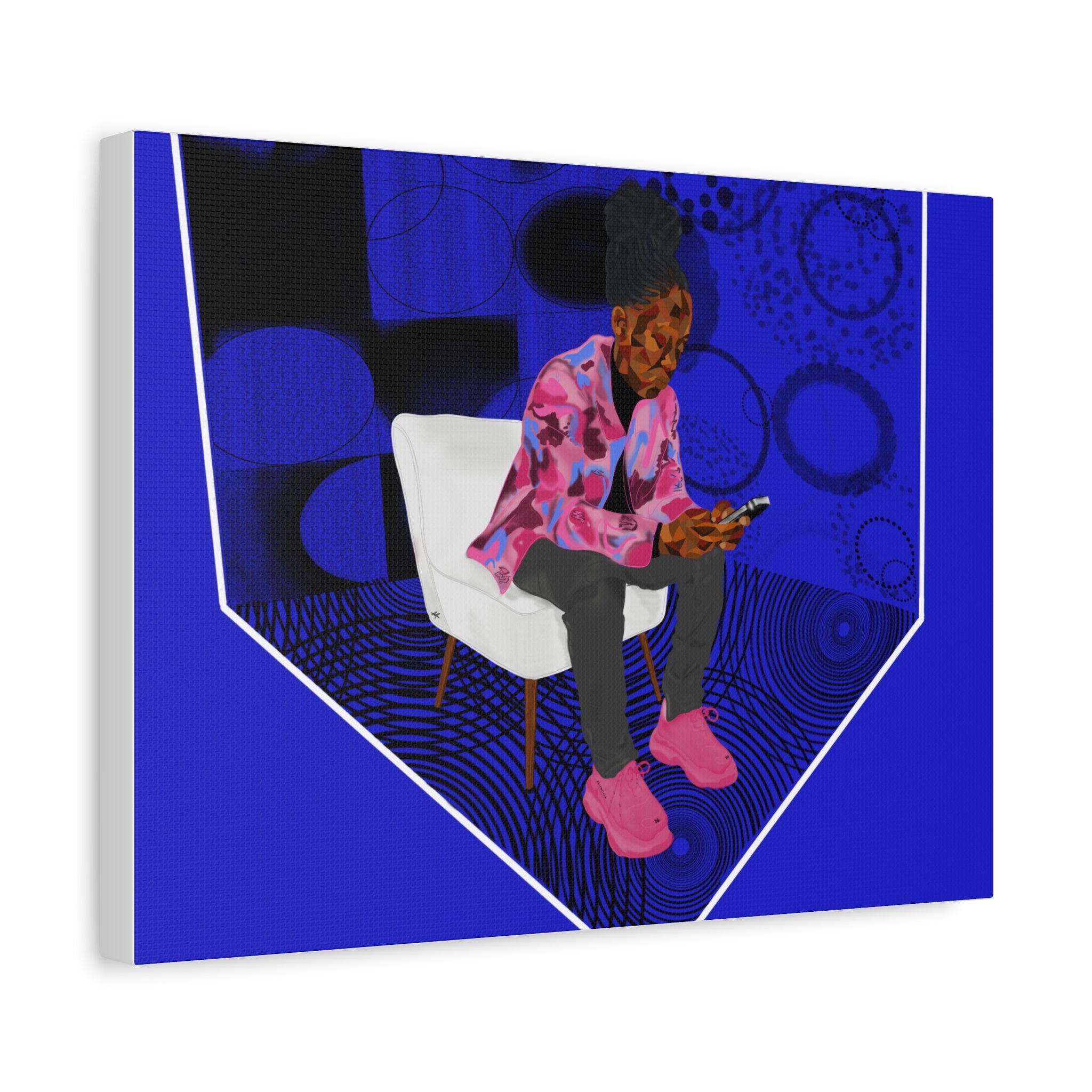 Contemporary Blue Portrait Canvas — Seated Girl with Phone Wall Art