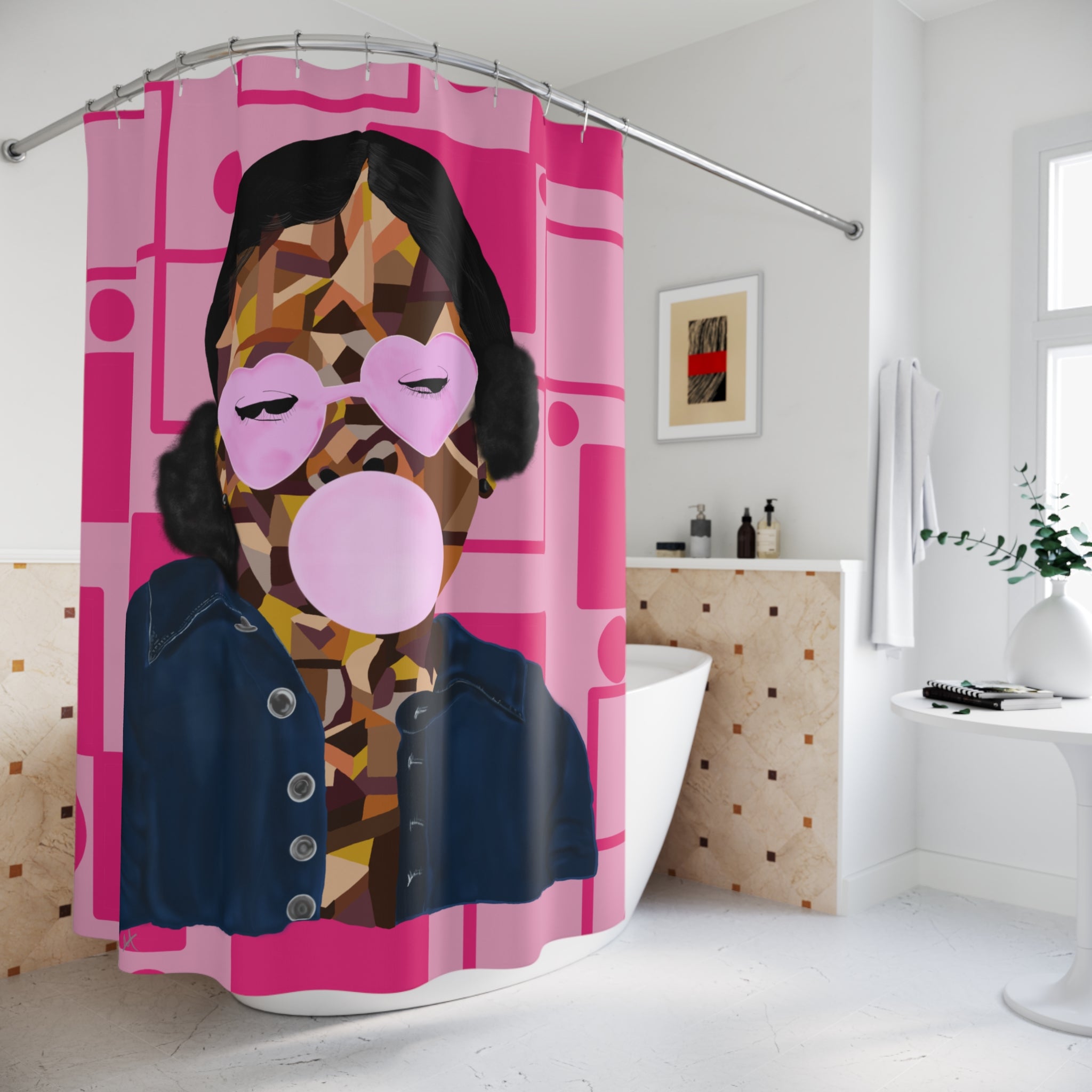 Pink Pop-Art Bubblegum Shower Curtain — Retro Geometric Portrait Bathroom Decor