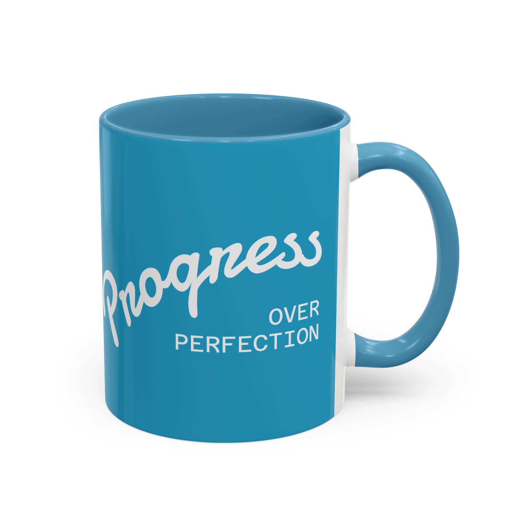 Progress Over Perfection Accent Coffee Mug — Motivational Blue 11/15oz