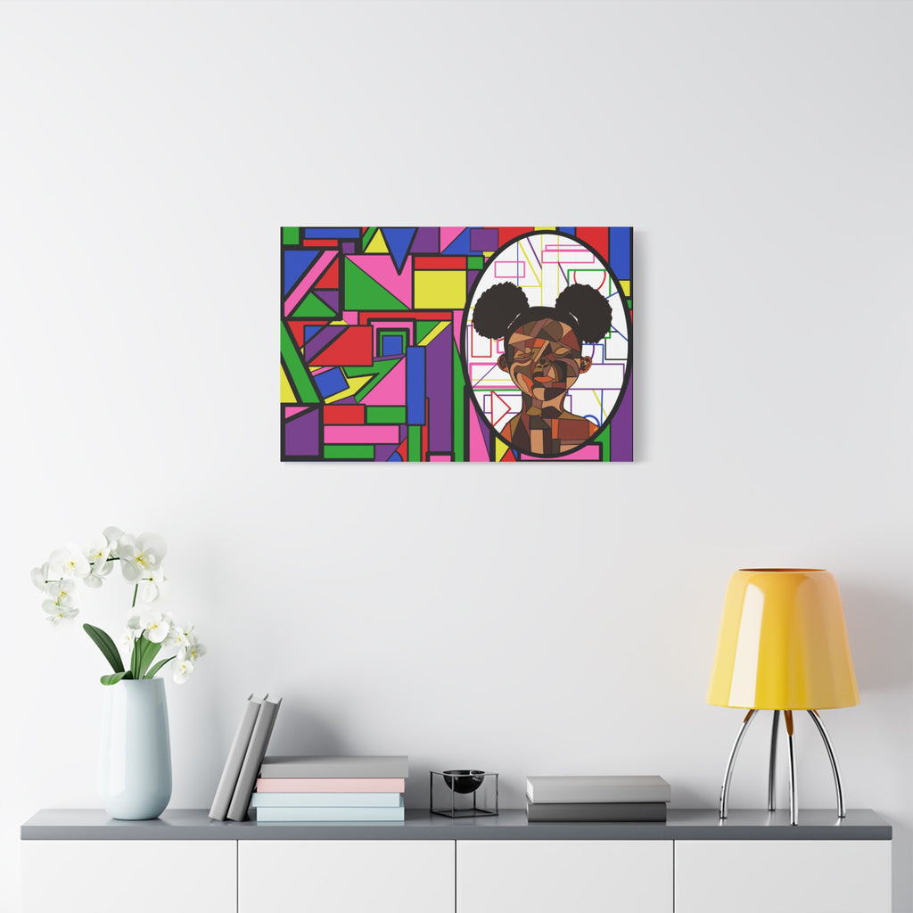 Abstract Geometric Portrait Canvas — Colorful Afro Puff Art on Matte Stretched Canvas