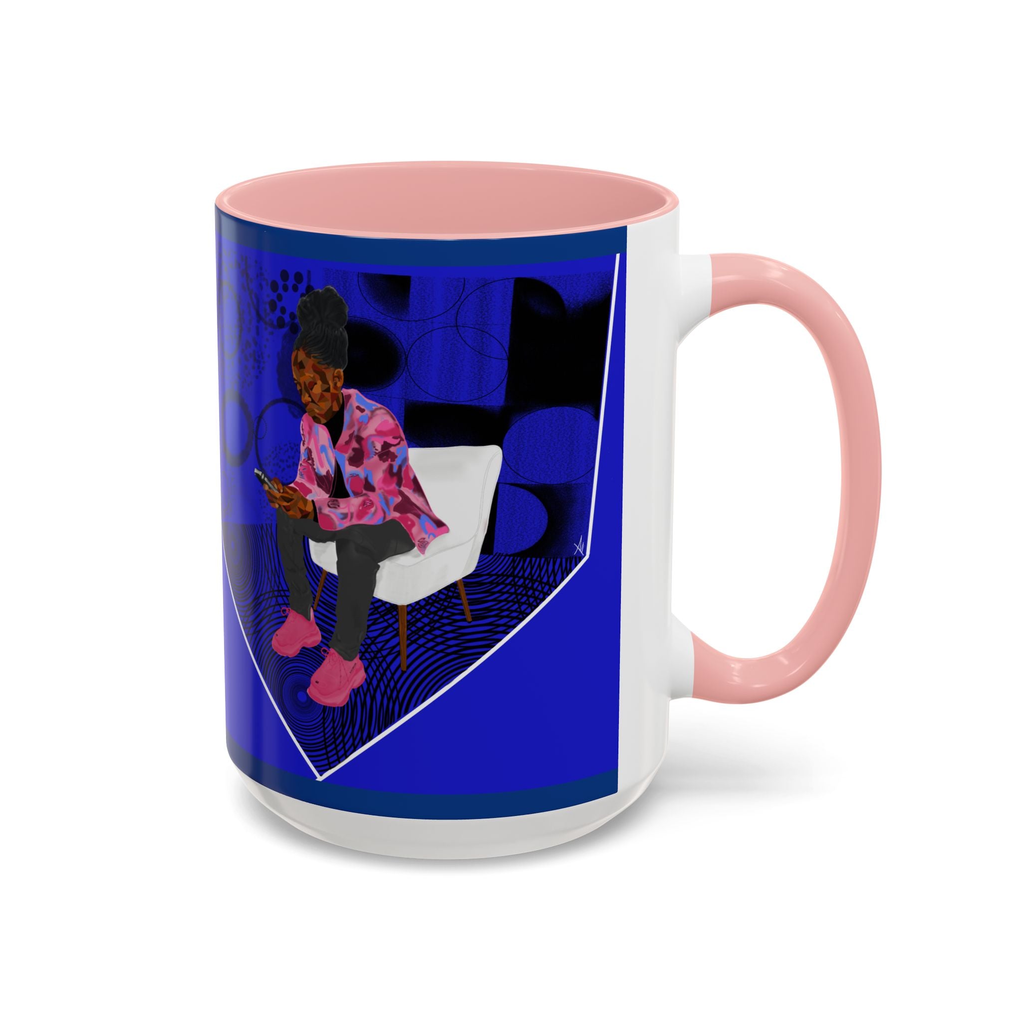 Blue Accent Coffee Mug — Cozy 'Checking My Phone' Afrocentric Illustration (11/15oz)