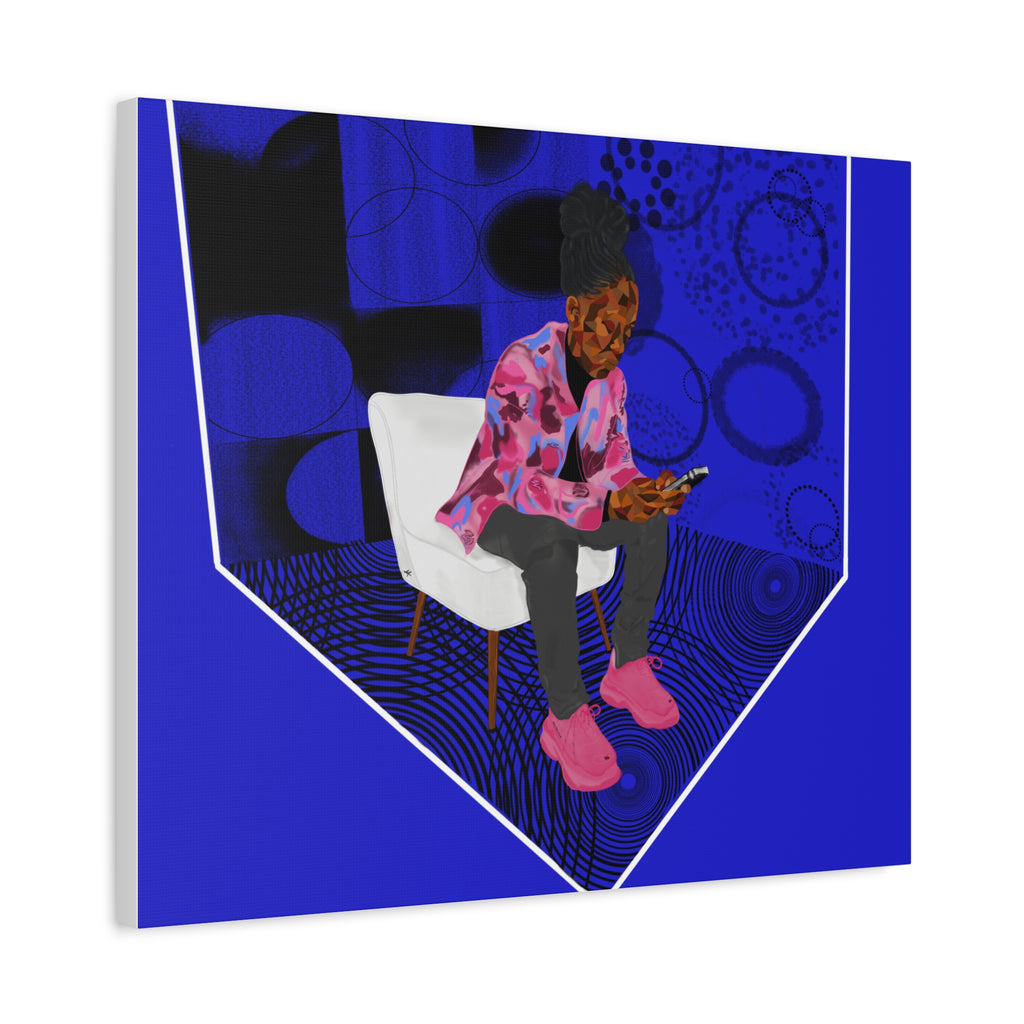 Contemporary Blue Portrait Canvas — Seated Girl with Phone Wall Art