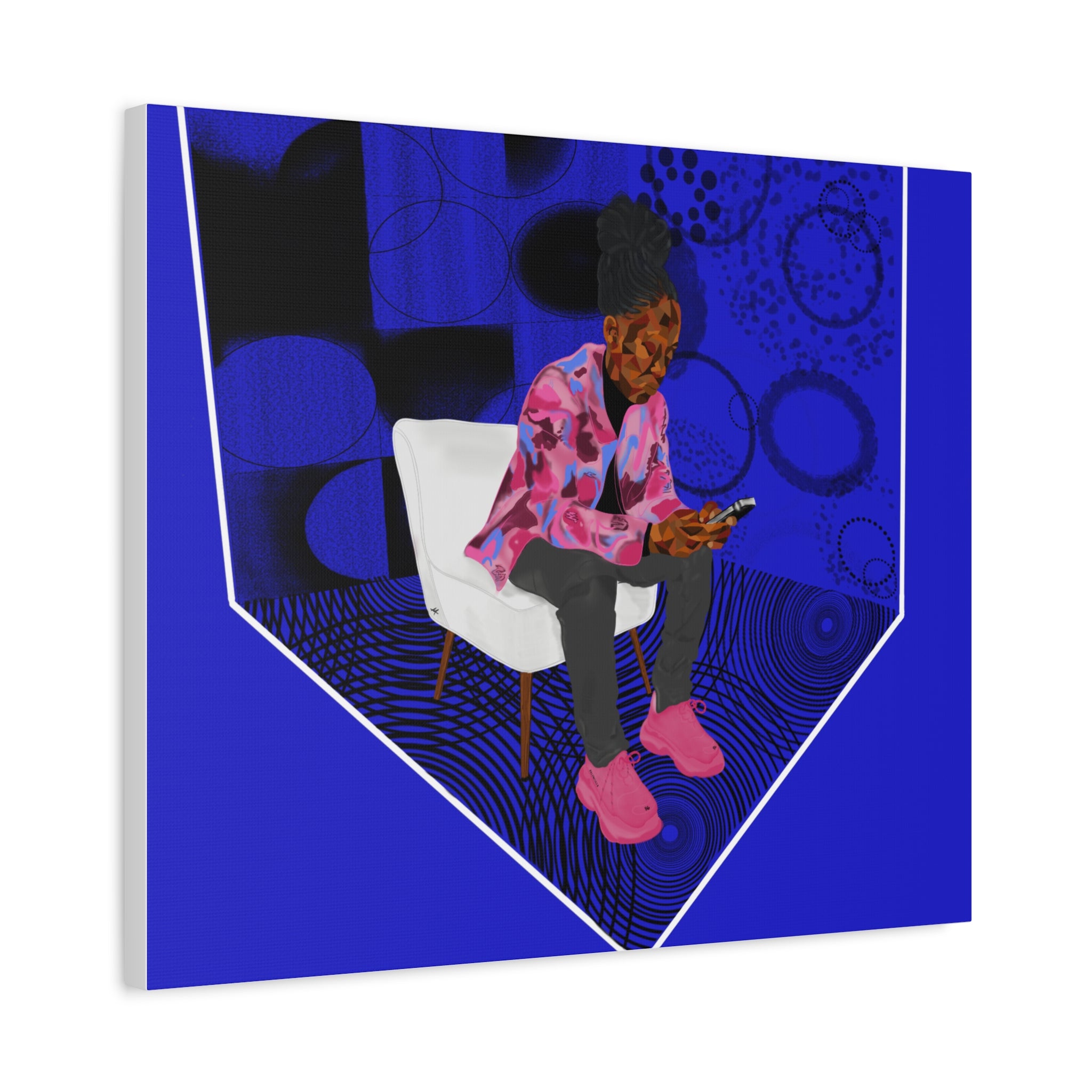 Contemporary Blue Portrait Canvas — Seated Girl with Phone Wall Art