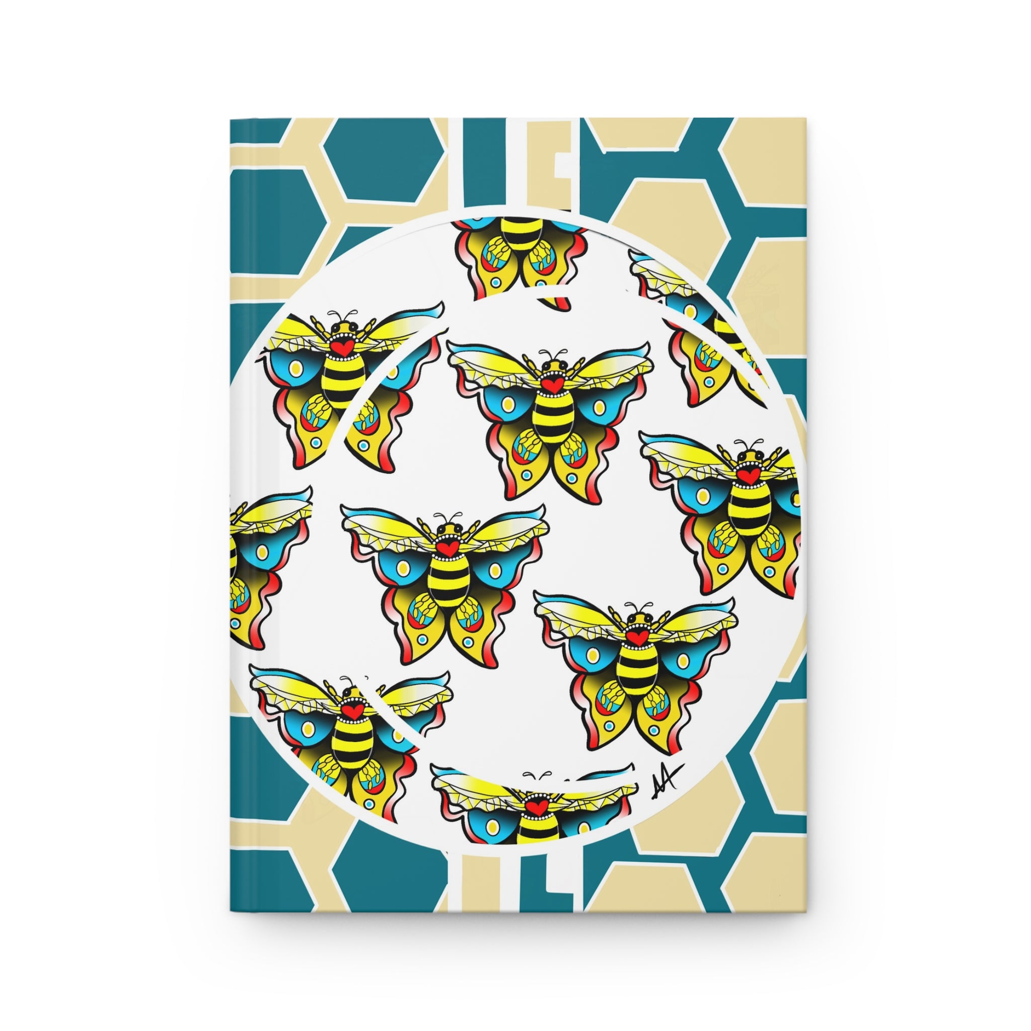 Moth Pattern Hardcover Journal — Colorful Retro Moths on Geometric Honeycomb Cover