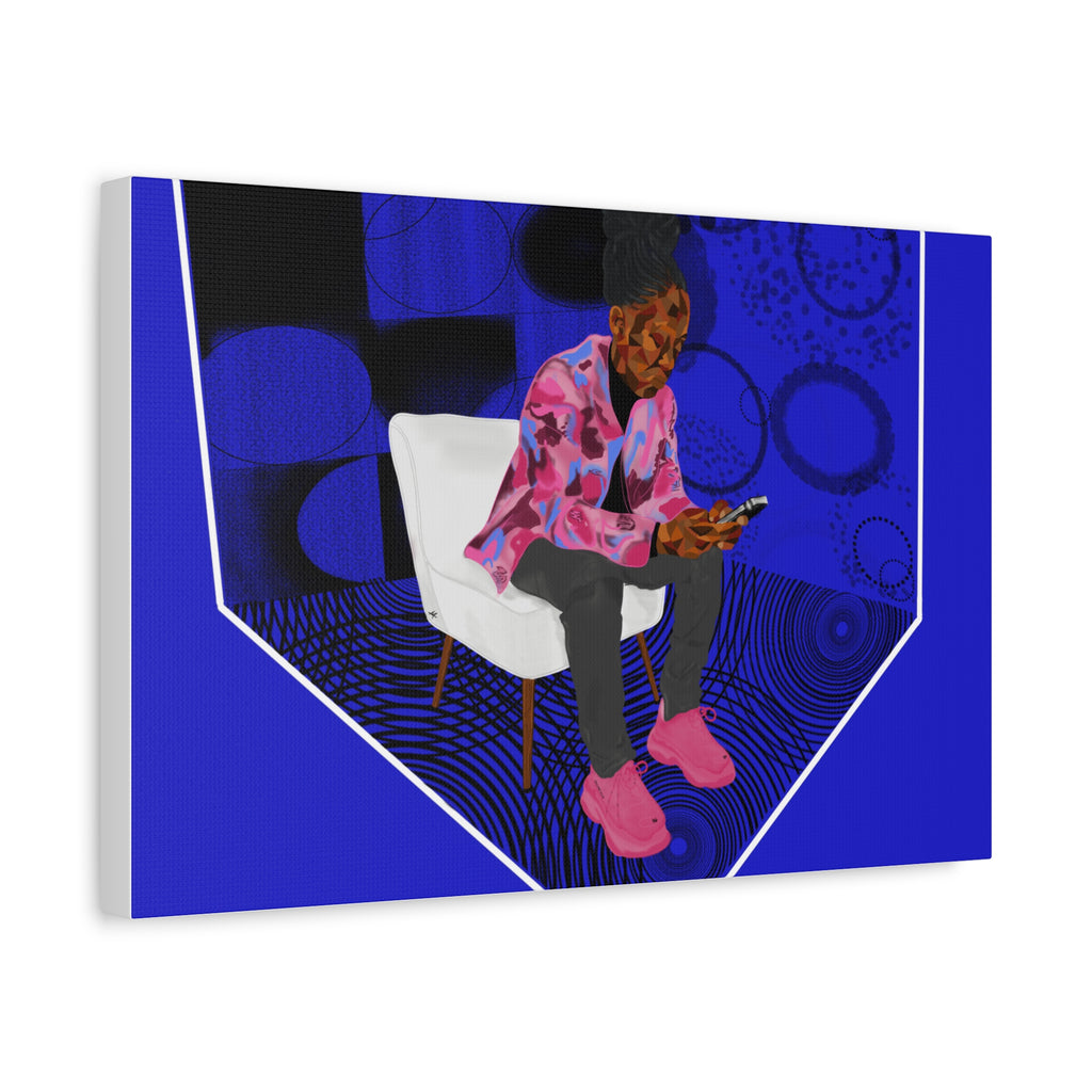 Contemporary Blue Portrait Canvas — Seated Girl with Phone Wall Art