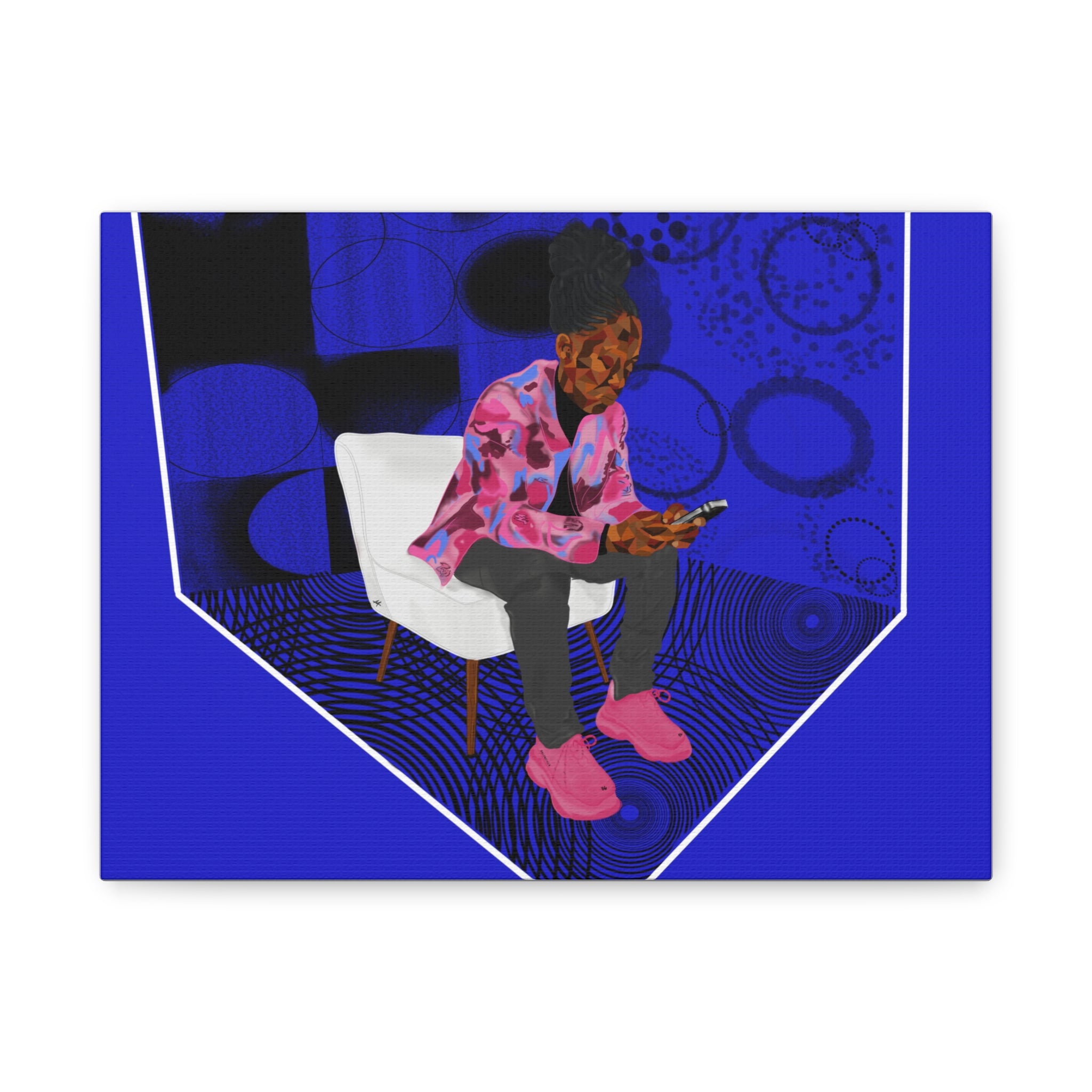 Contemporary Blue Portrait Canvas — Seated Girl with Phone Wall Art