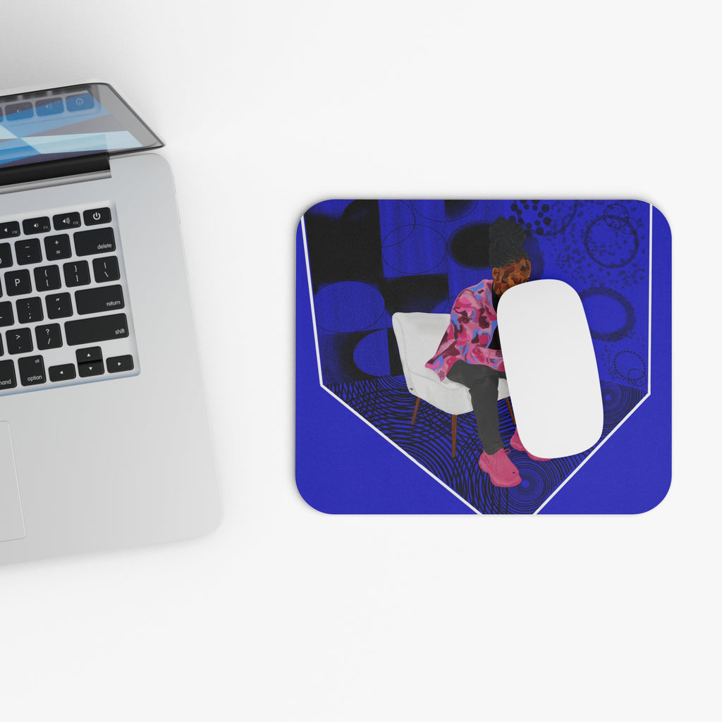Blue Retro Lounge Mouse Pad — Person on Chair Illustration