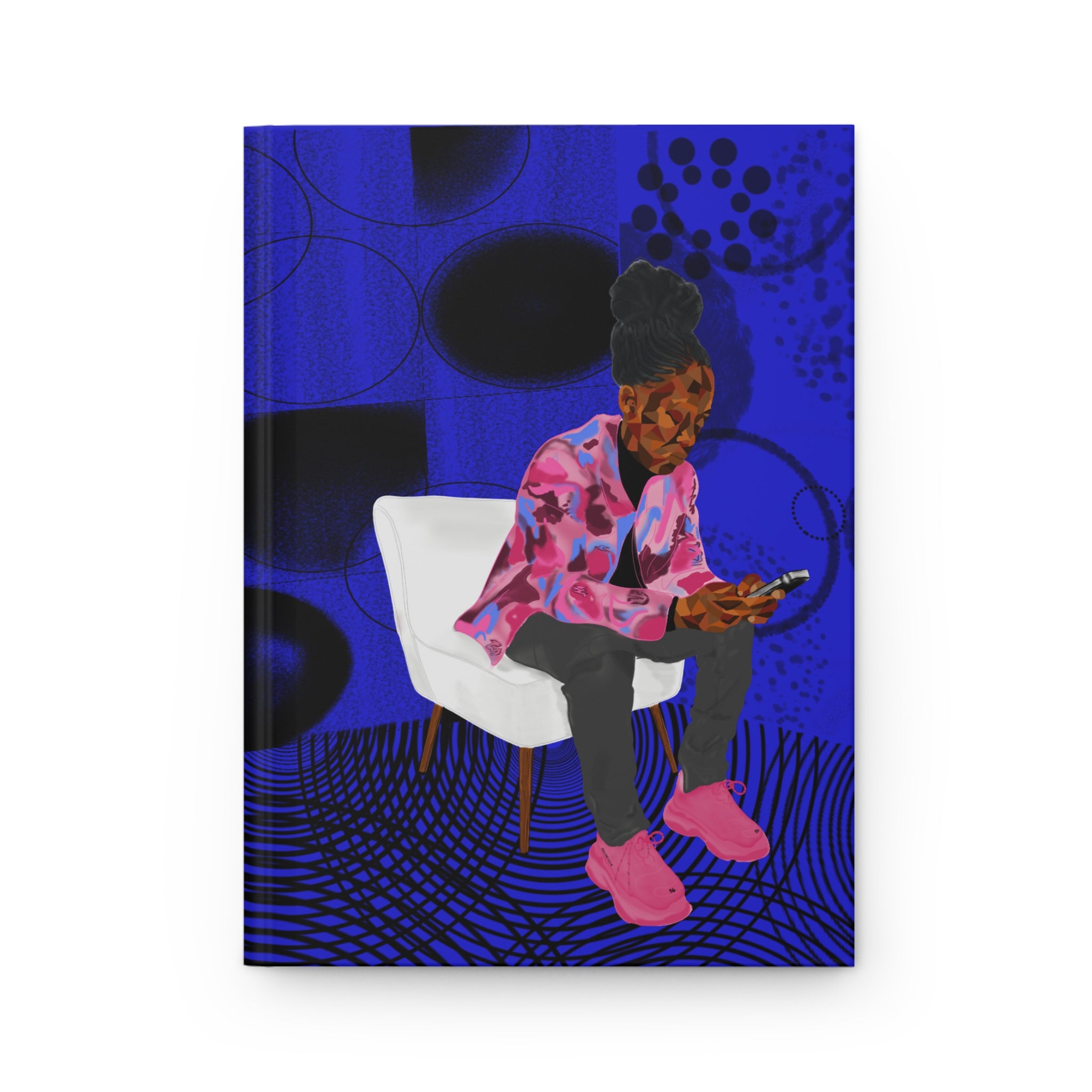 Hardcover Journal — Urban Portrait Notebook (Blue Abstract, Girl on Phone)