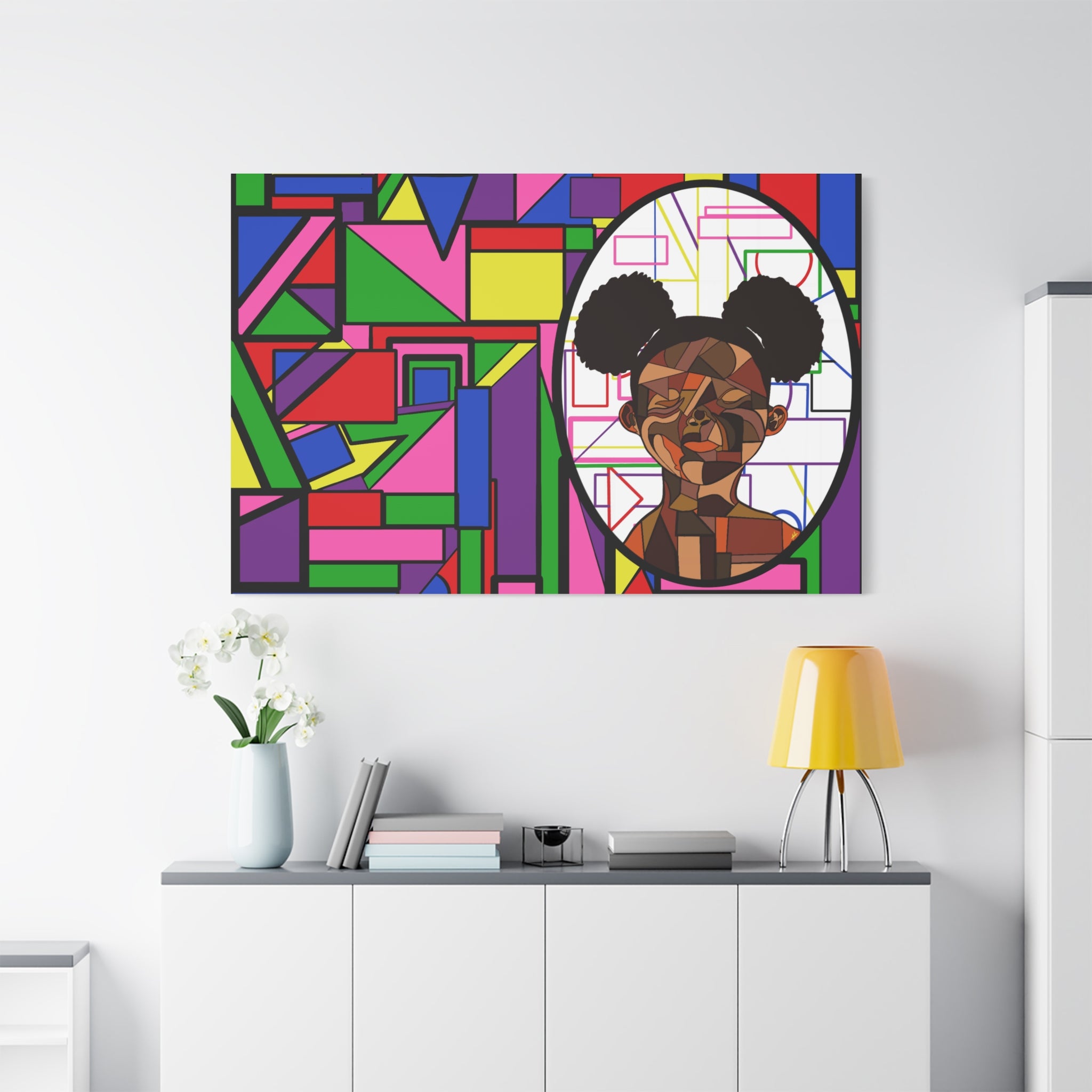 Abstract Geometric Portrait Canvas — Colorful Afro Puff Art on Matte Stretched Canvas