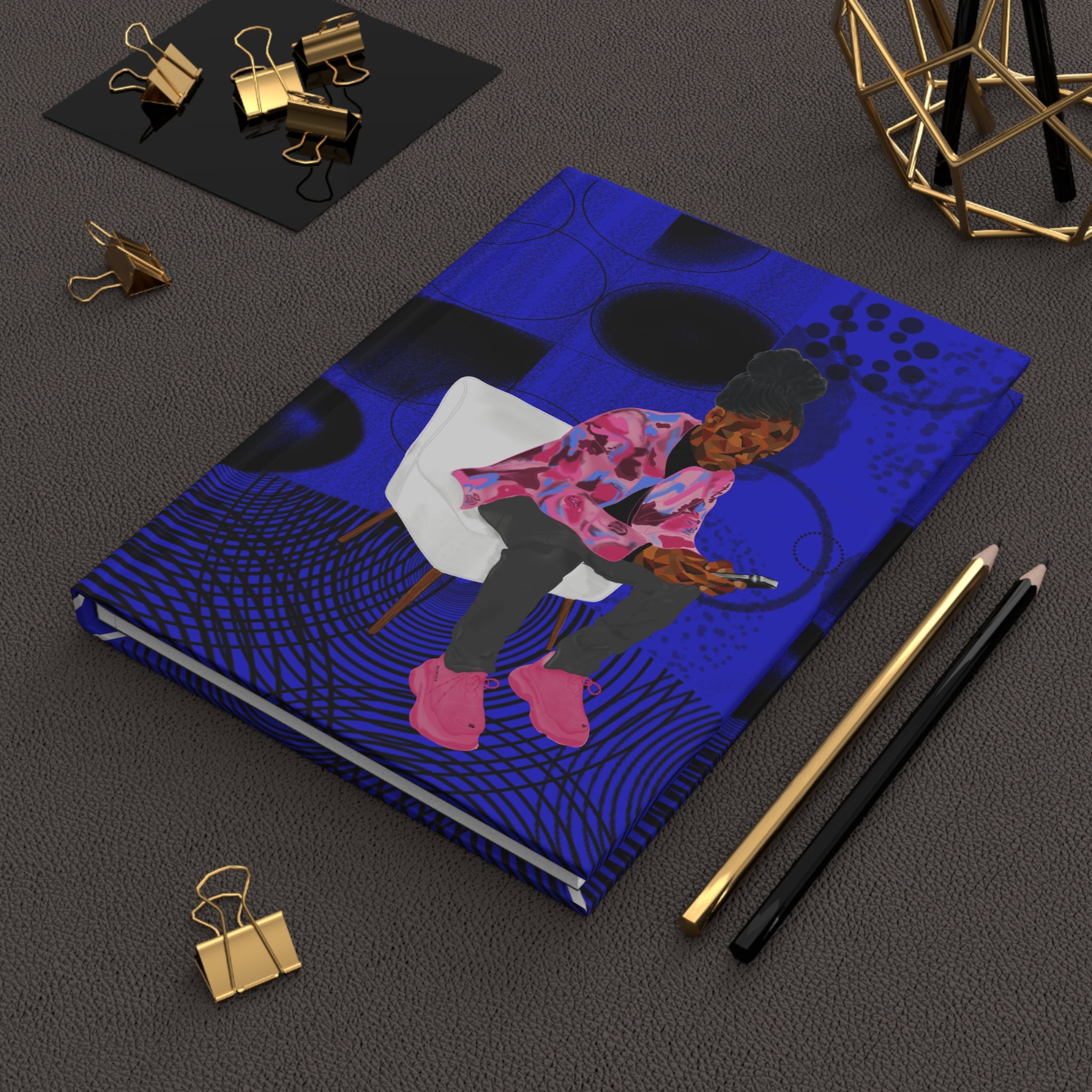 Hardcover Journal — Urban Portrait Notebook (Blue Abstract, Girl on Phone)