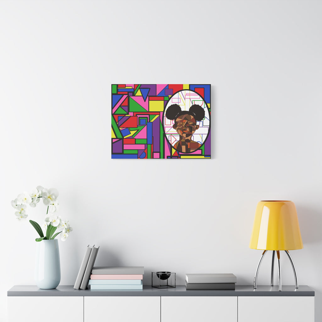 Abstract Geometric Portrait Canvas — Colorful Afro Puff Art on Matte Stretched Canvas