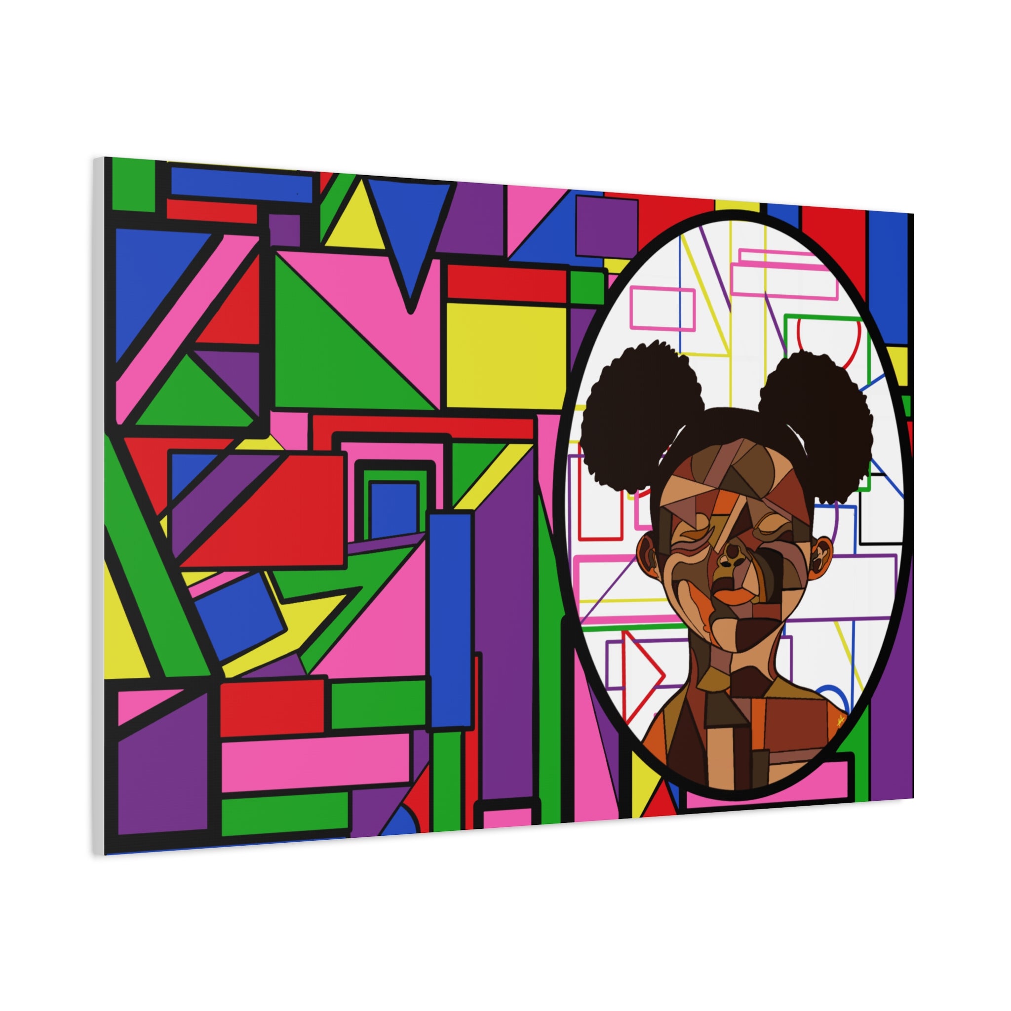 Abstract Geometric Portrait Canvas — Colorful Afro Puff Art on Matte Stretched Canvas