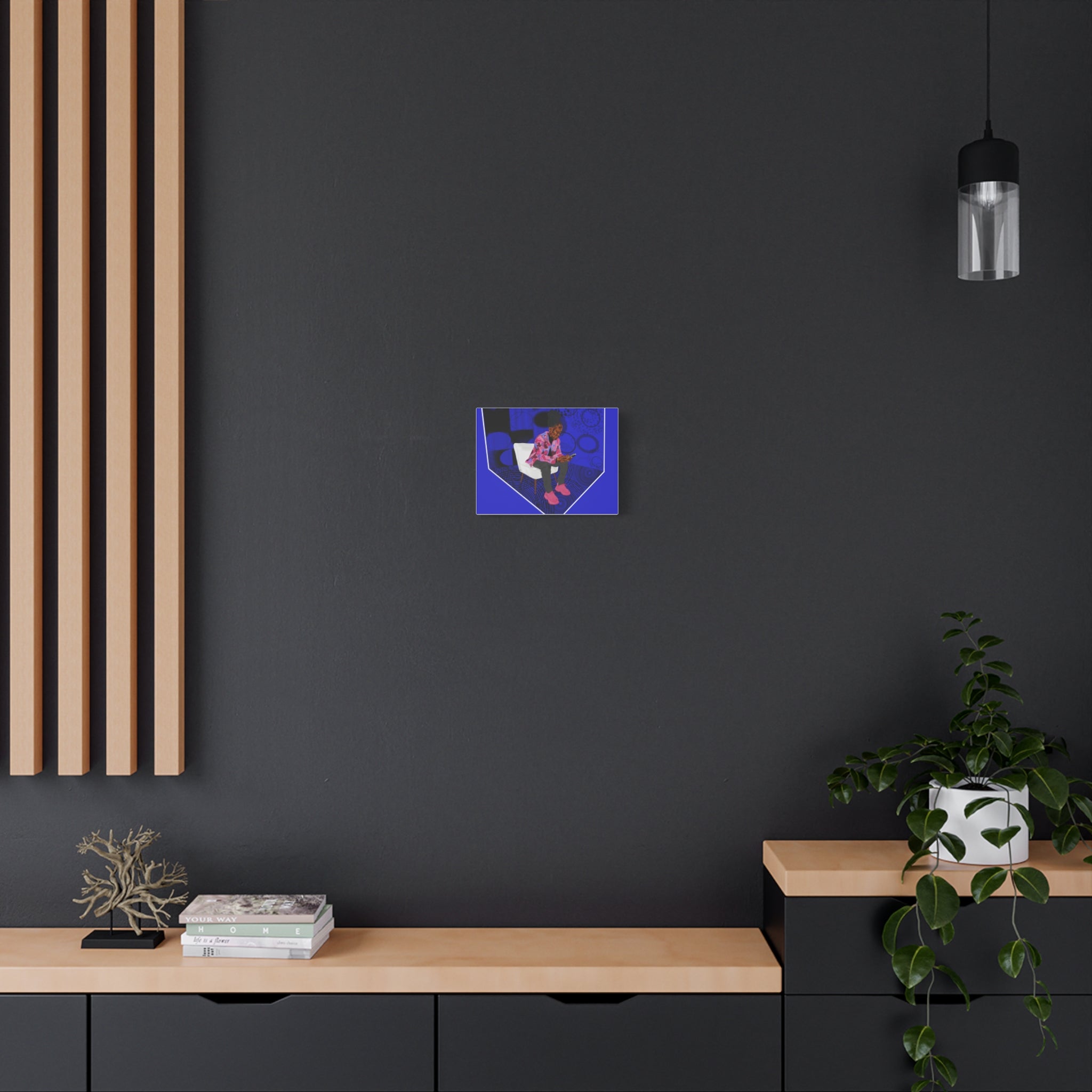 Contemporary Blue Portrait Canvas — Seated Girl with Phone Wall Art