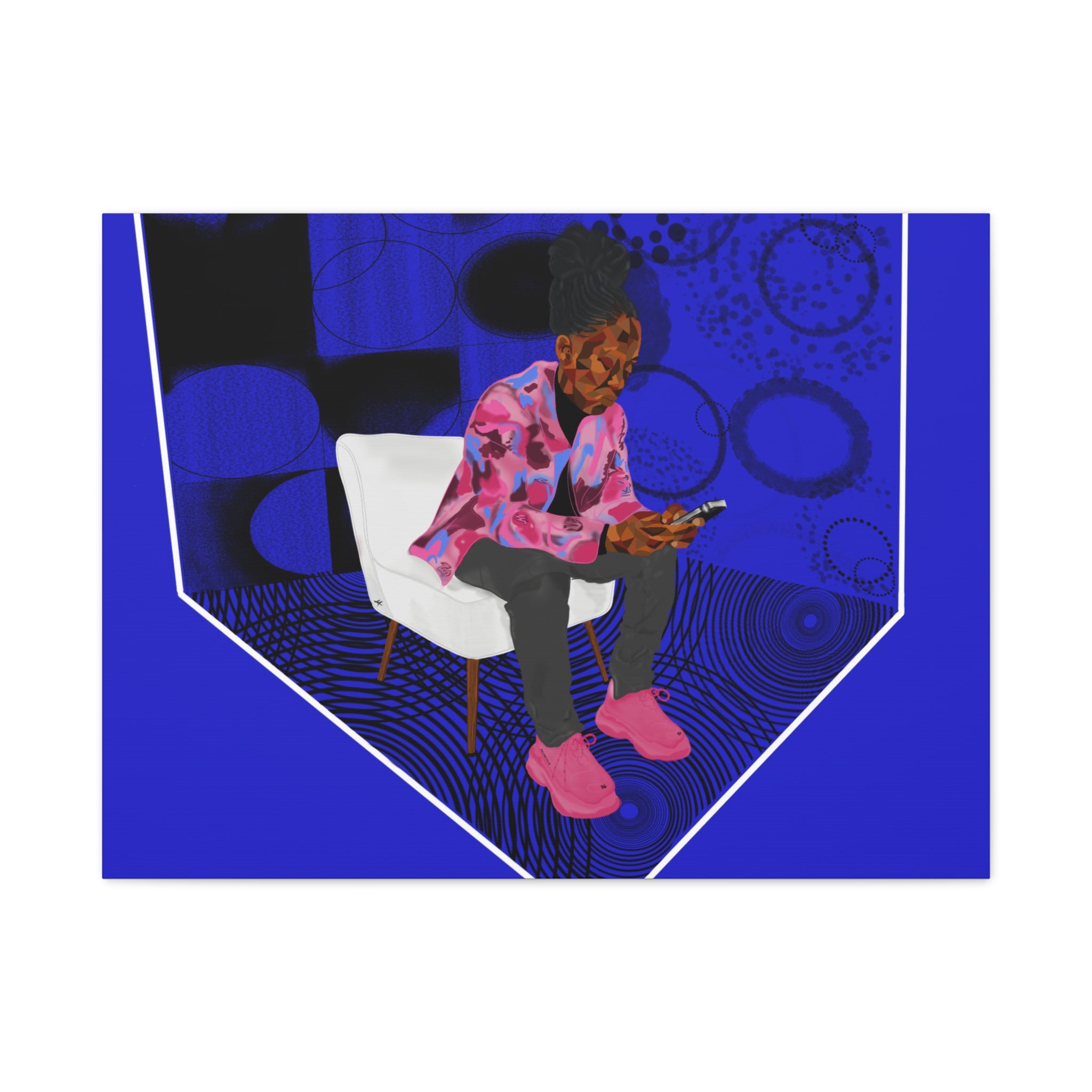 Contemporary Blue Portrait Canvas — Seated Girl with Phone Wall Art