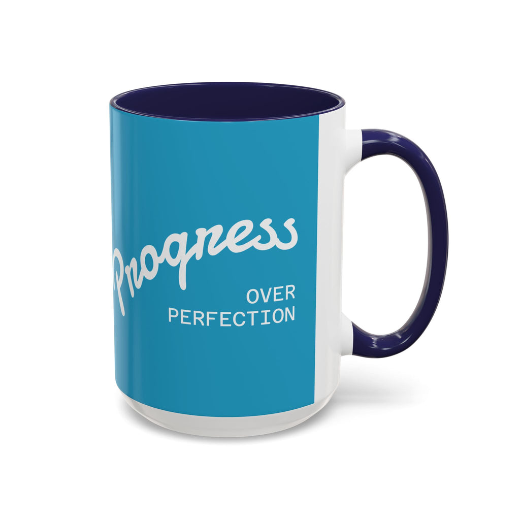 Progress Over Perfection Accent Coffee Mug — Motivational Blue 11/15oz