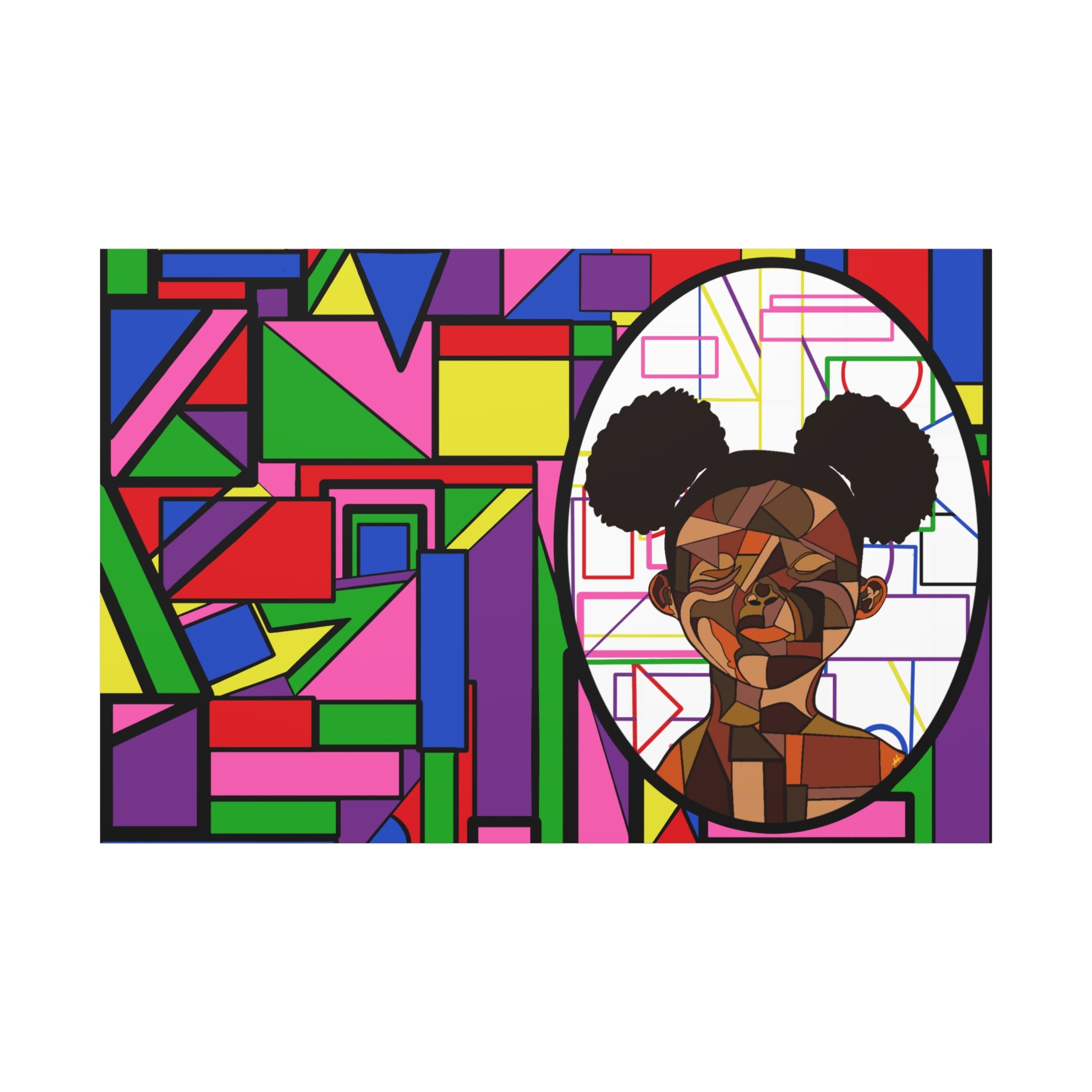 Abstract Geometric Portrait Canvas — Colorful Afro Puff Art on Matte Stretched Canvas