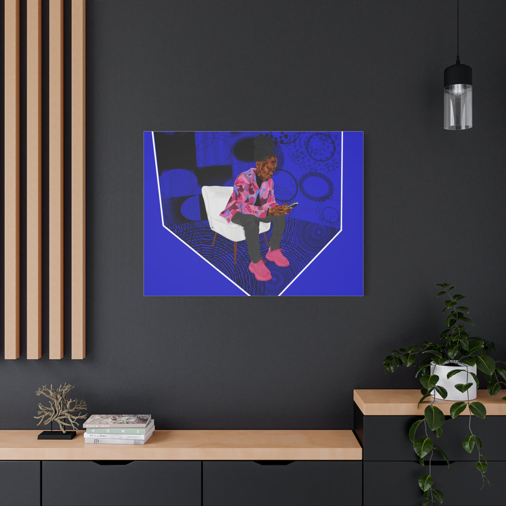 Contemporary Blue Portrait Canvas — Seated Girl with Phone Wall Art