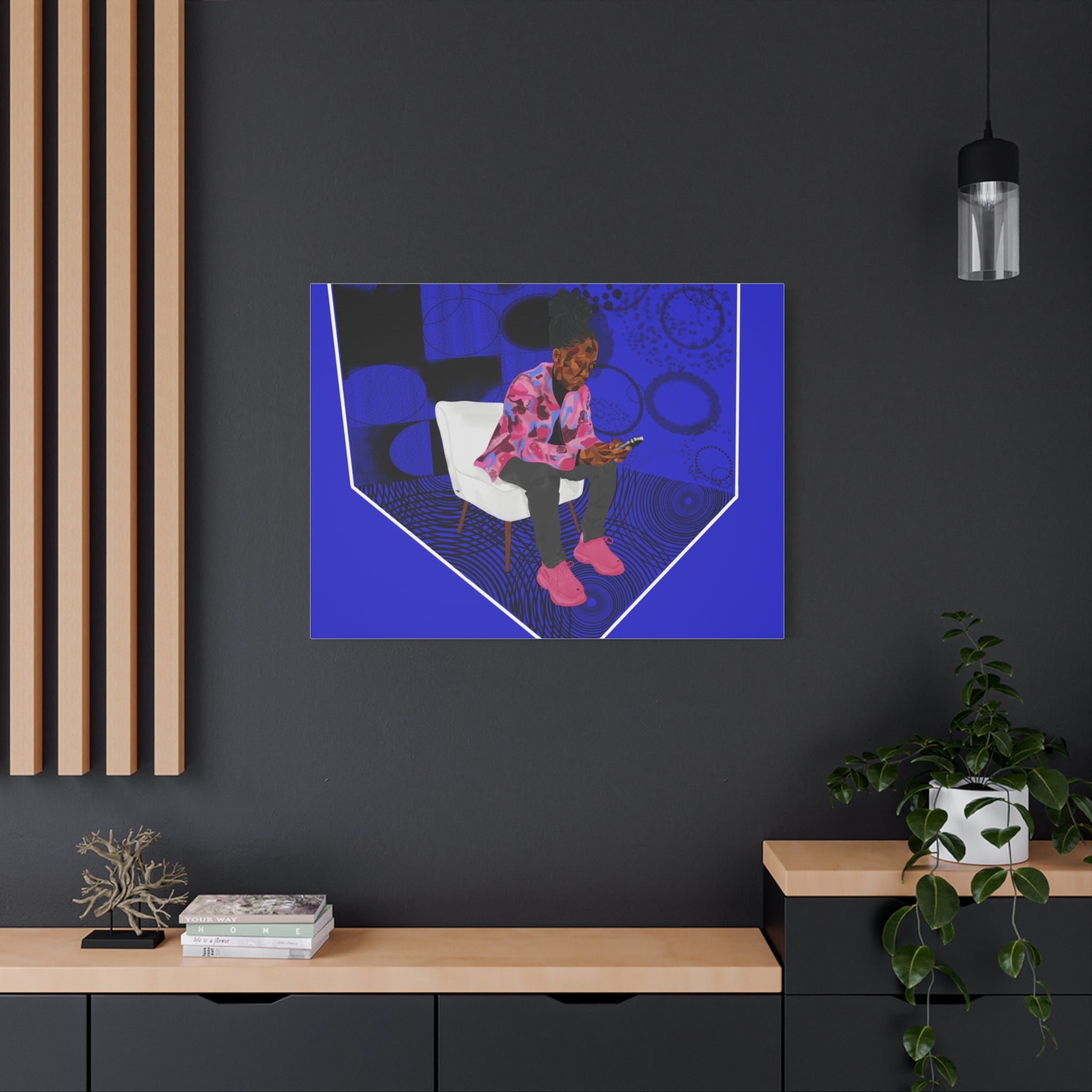 Contemporary Blue Portrait Canvas — Seated Girl with Phone Wall Art