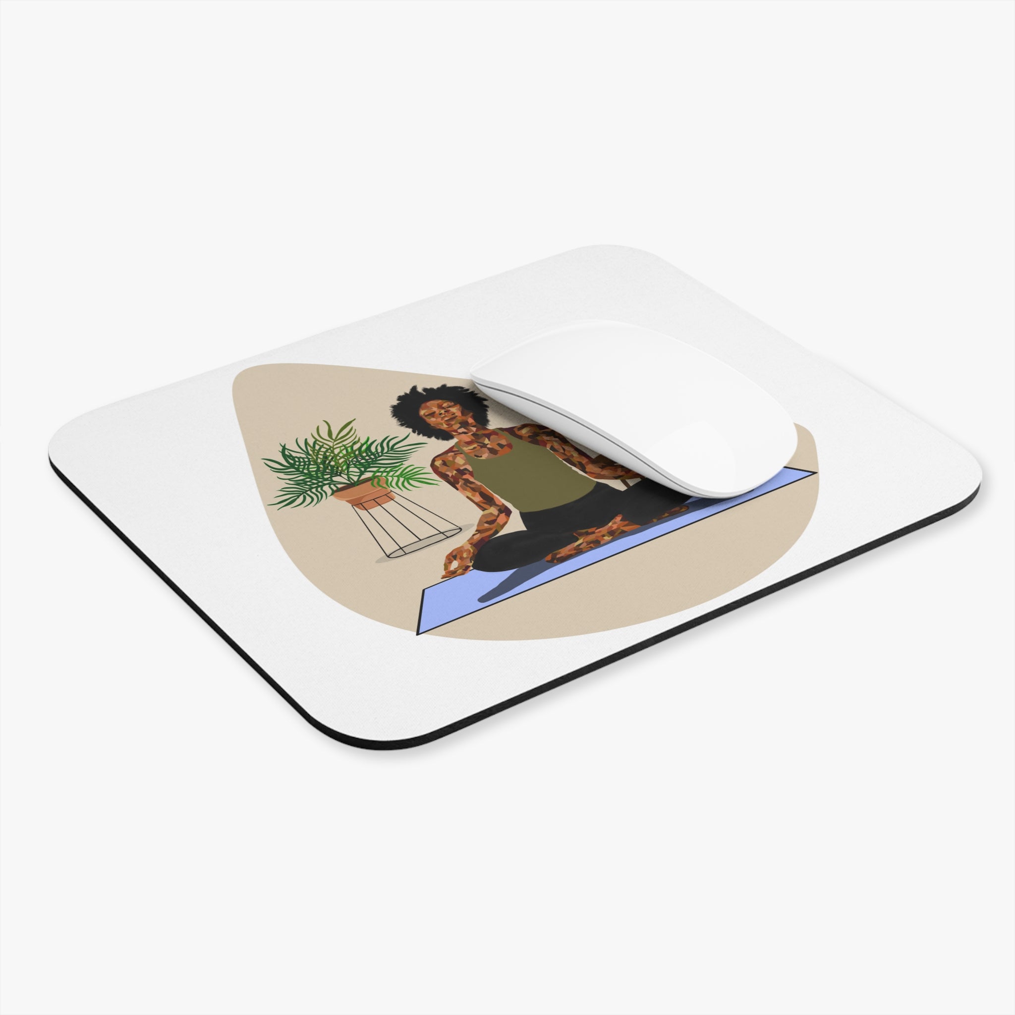 Meditation Mouse Pad — African American Woman Yoga Desk Mat with Plants